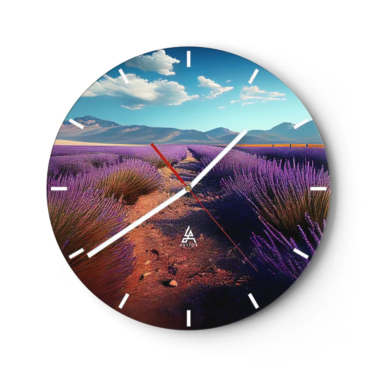 Falióra, Óra - Levendulaföld, háttérben hegyi tájjal - 30x30cm - Illatos mezők - Modern fali dekoráció nappalihoz, konyhához és hálószobához ARTTOR