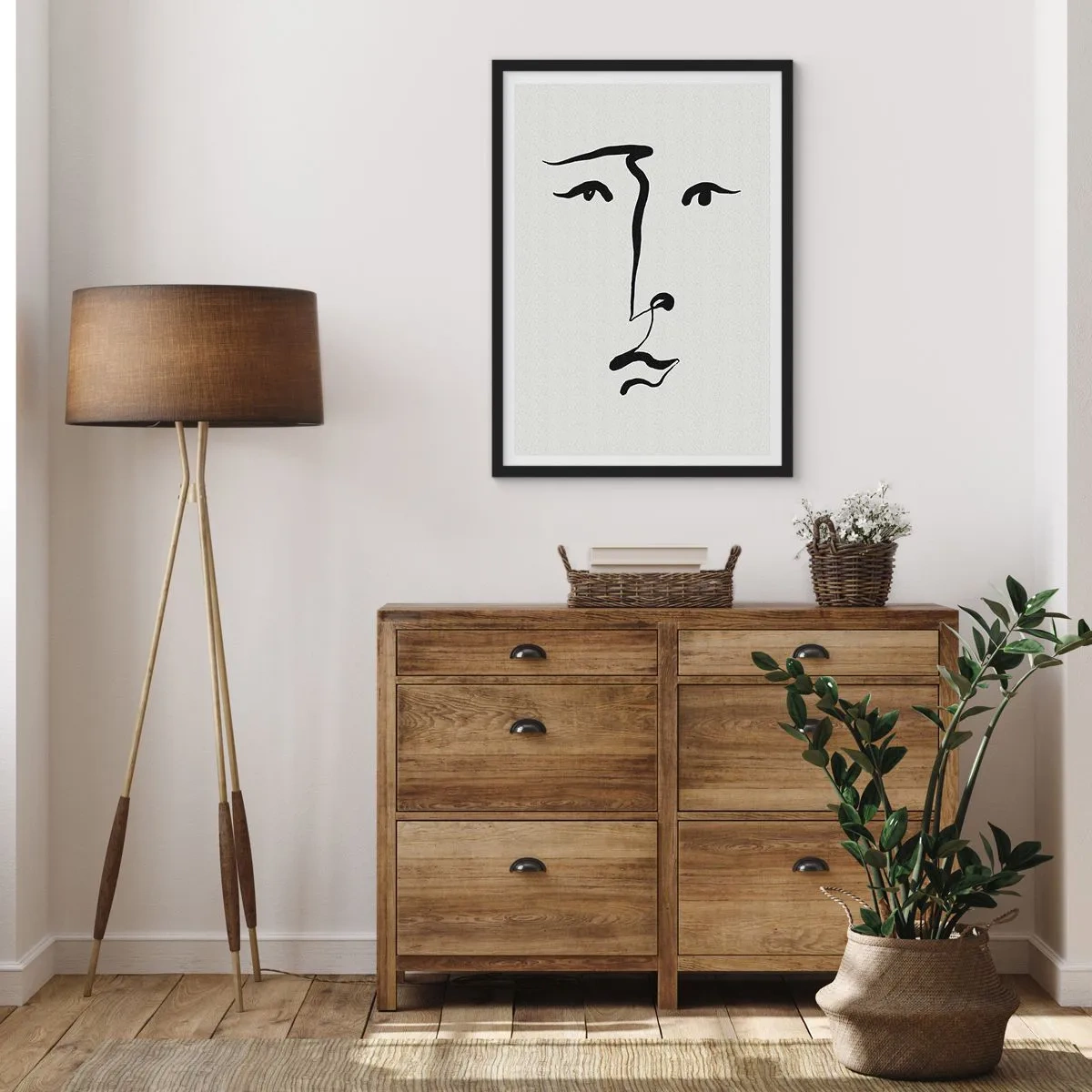 Poszter fehér keretben - Minimalista arc illusztráció egyetlen ecsetvonással - 50x70cm - Egyvonalas portré - Modern fali dekoráció nappalihoz és hálószobához ARTTOR