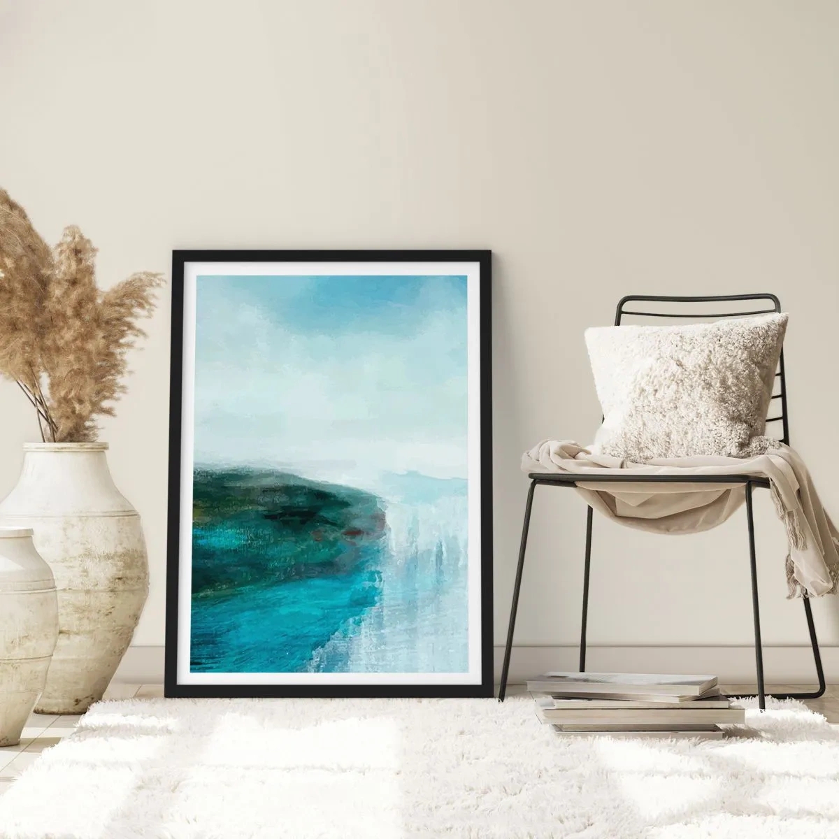 Poszter fehér keretben - Festői táj, kék árnyalatú sziklával a víz felett. - 50x70cm - Tengeri absztrakció - Modern fali dekoráció nappalihoz és hálószobához ARTTOR