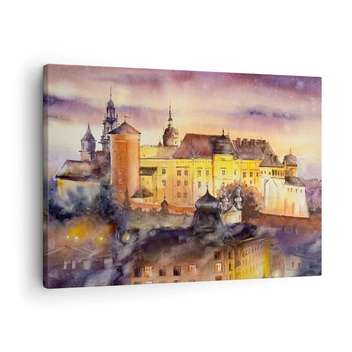 Vászonkép - Egy festői akvarellfestmény egy várról naplementekor - 70x50cm - Történet és mese - Modern fali dekoráció nappalihoz és hálószobához ARTTOR