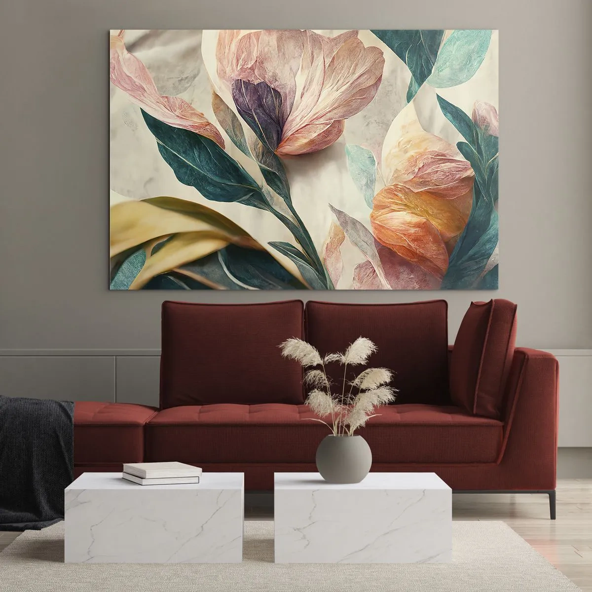 Üveg kép - Egzotikus virágok és levelek pasztell színekben, botanikai stílusban - 70x50cm - A déli szigetek virágai - Modern fali dekoráció nappalihoz és hálószobához ARTTOR