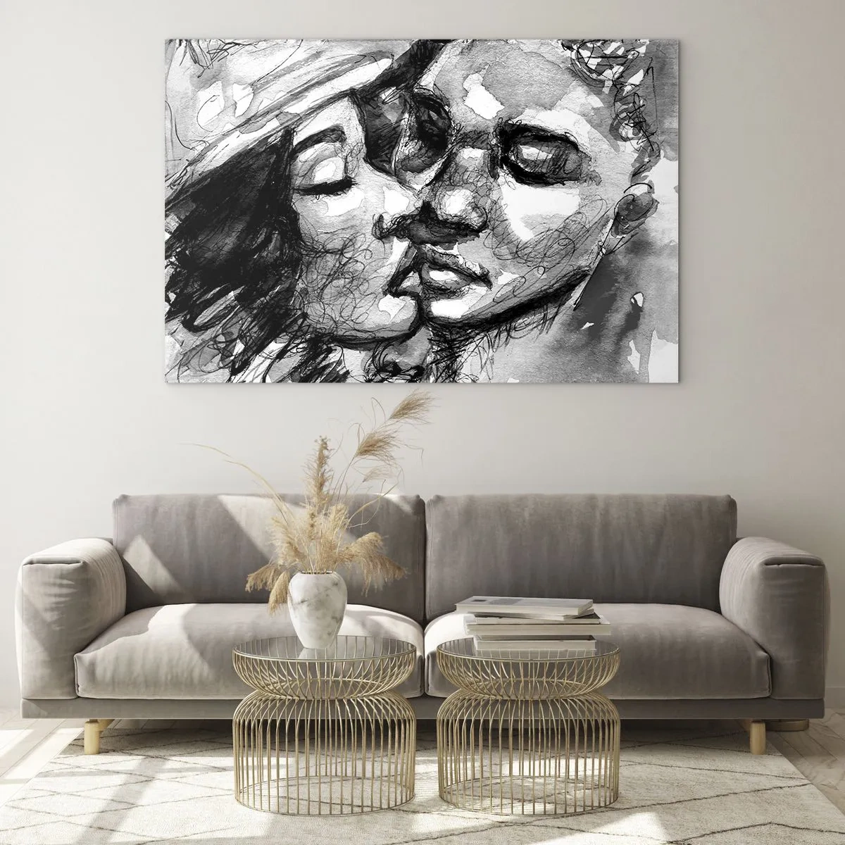 Üveg kép - Fekete-fehér vázlat egy gyengéd csóról - 70x50cm - Egy érzelmes pillanat - Modern fali dekoráció nappalihoz és hálószobához ARTTOR