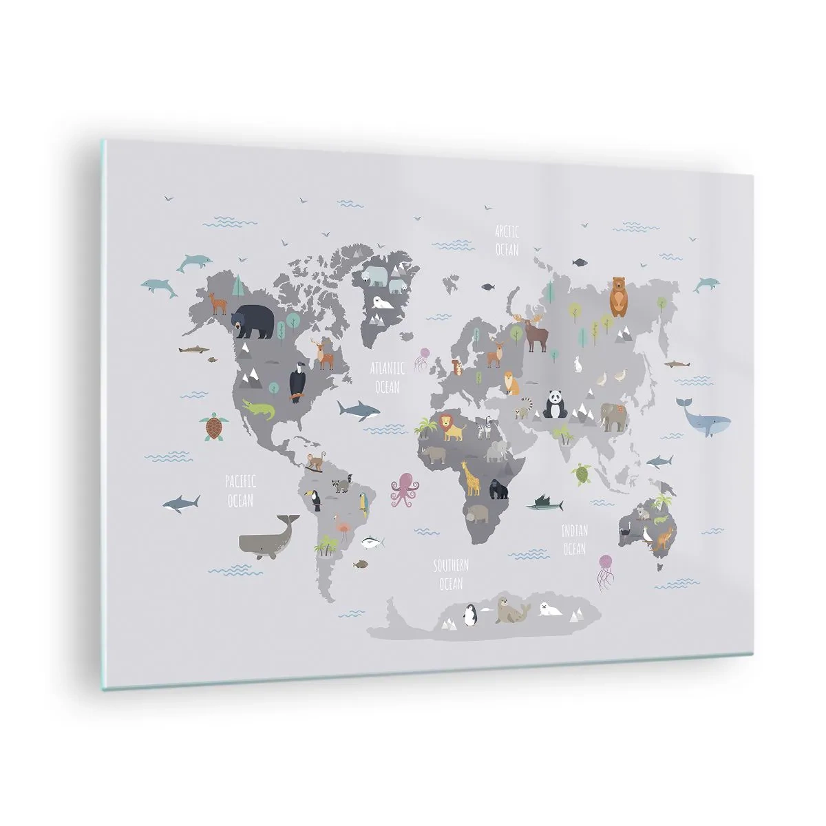 Üveg kép - Illusztrált világtérkép jellegzetes állatokkal - 70x50cm - Mondd meg, hogy honnan jöttél... - Modern fali dekoráció nappalihoz és hálószobához ARTTOR