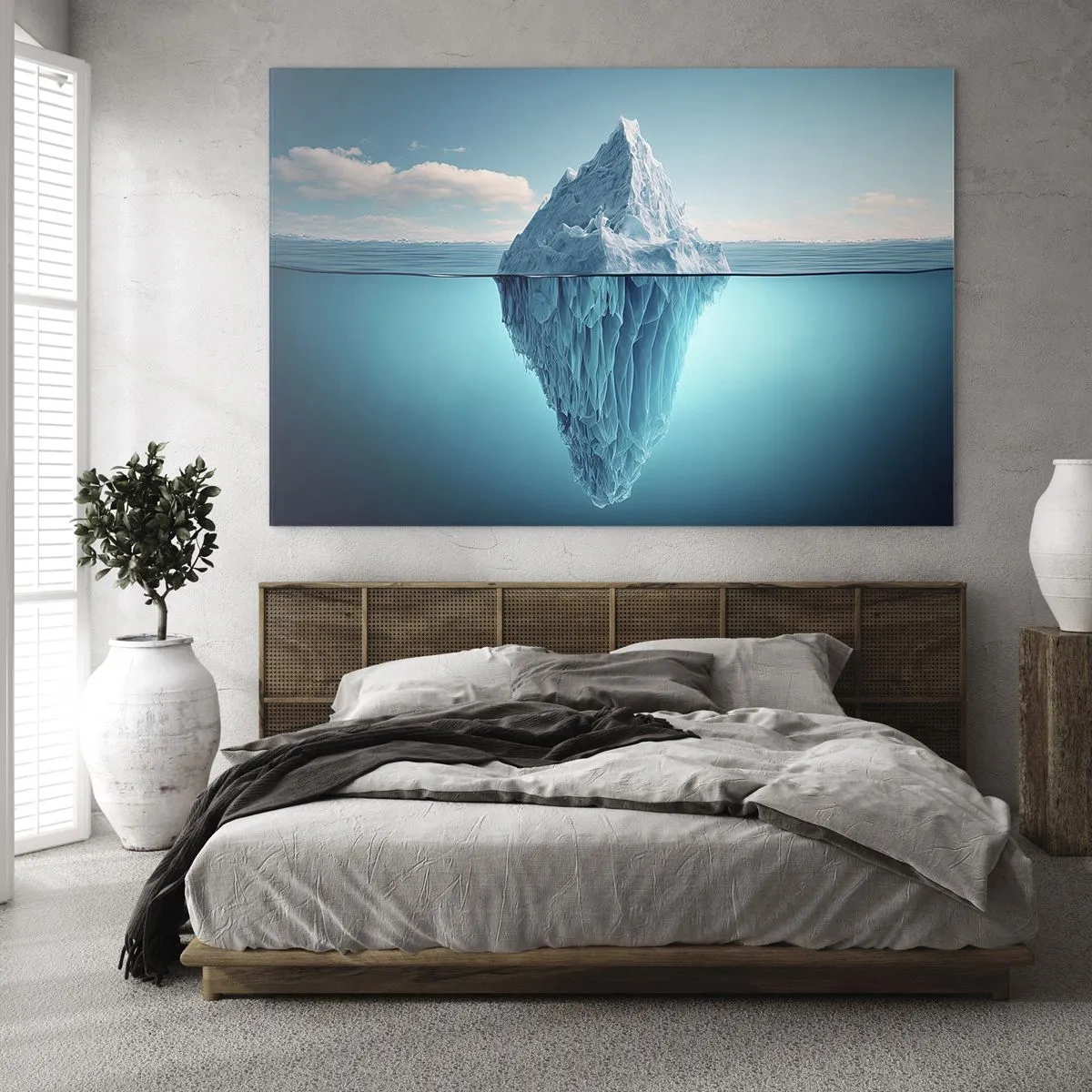 Üveg kép - Egy jéghegy lebeg az óceánban, amelynek egy része látható a víz alatt. - 70x50cm - A jégkirálynő - Modern fali dekoráció nappalihoz és hálószobához ARTTOR