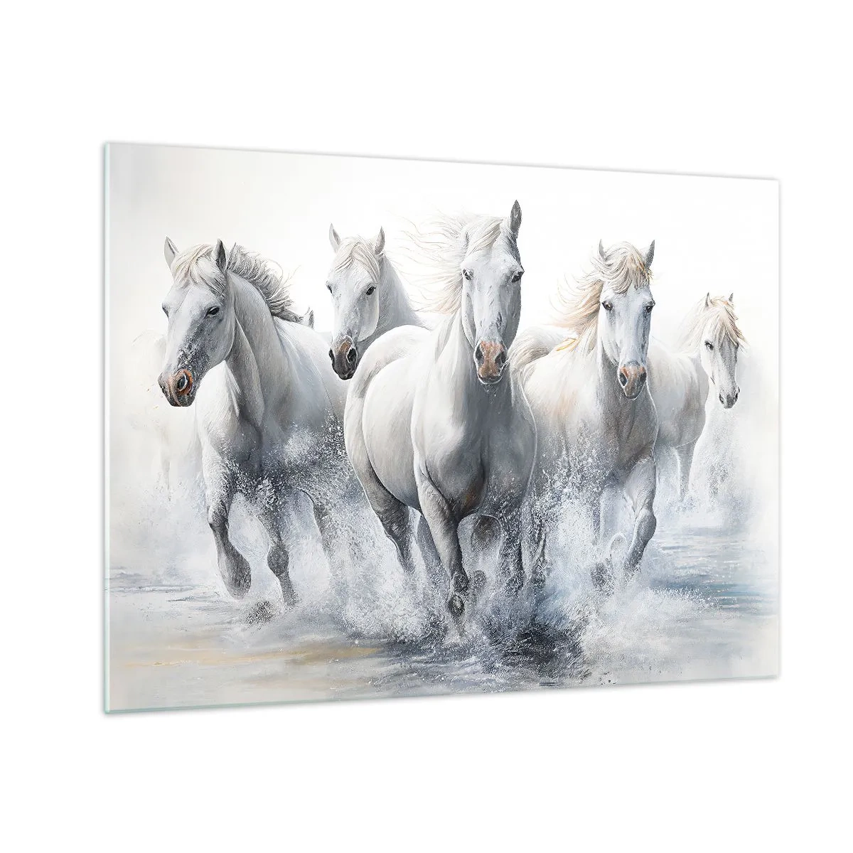 Üveg kép - Fehér lovak vágtatnak át a vízen dinamikus kompozícióban - 70x50cm - Fehér varázslat - Modern fali dekoráció nappalihoz és hálószobához ARTTOR