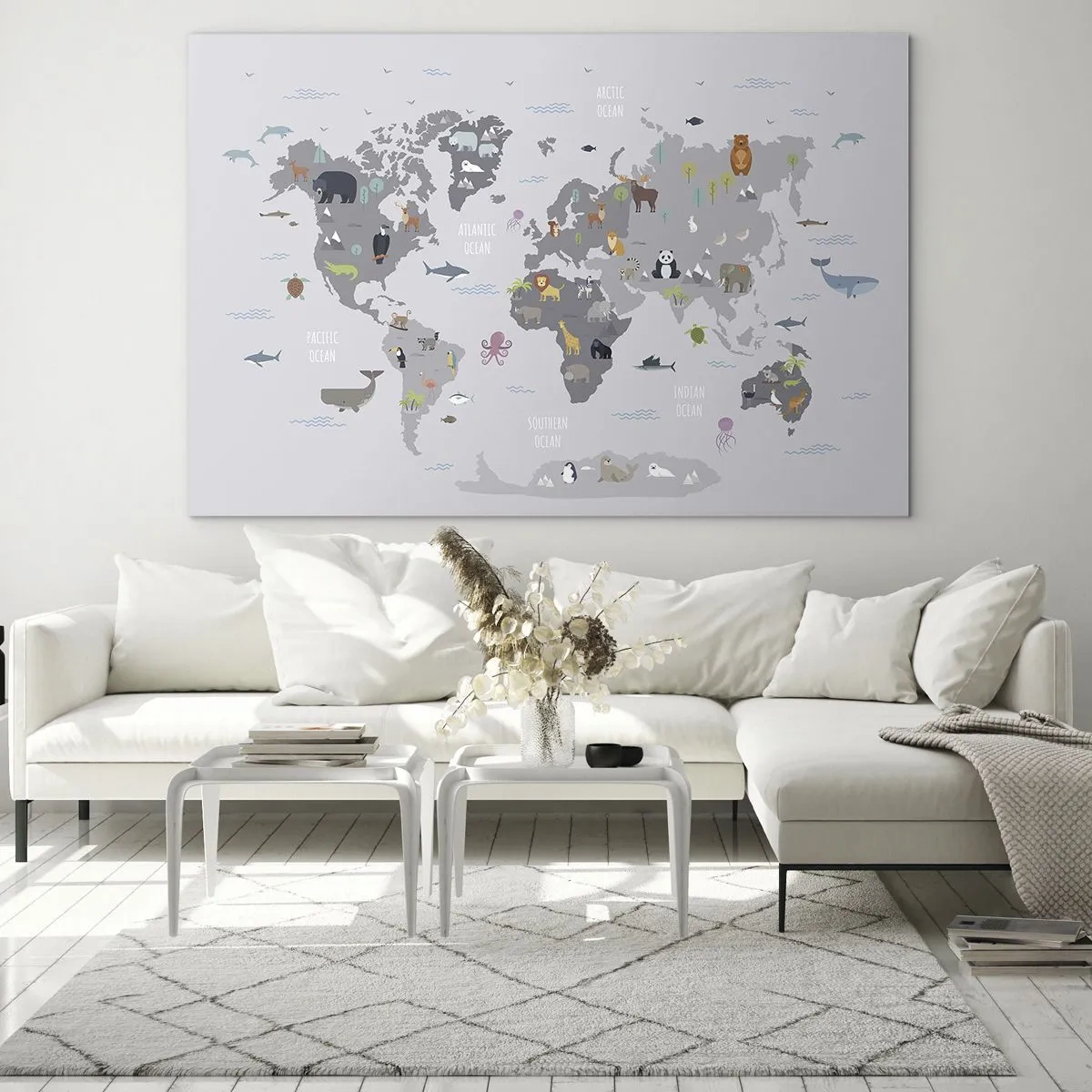 Üveg kép - Illusztrált világtérkép jellegzetes állatokkal - 70x50cm - Mondd meg, hogy honnan jöttél... - Modern fali dekoráció nappalihoz és hálószobához ARTTOR