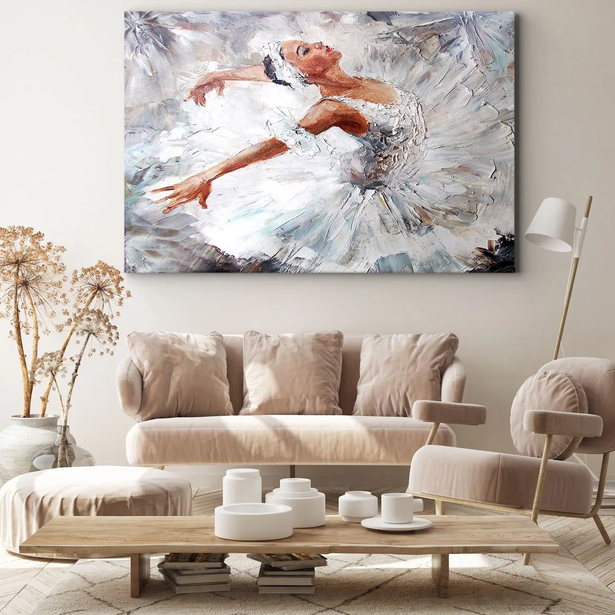 Vászonkép - Egy fehér ruhás balerina táncol - 70x50cm - Finom és könnyű, mint a tüll - Modern fali dekoráció nappalihoz és hálószobához ARTTOR