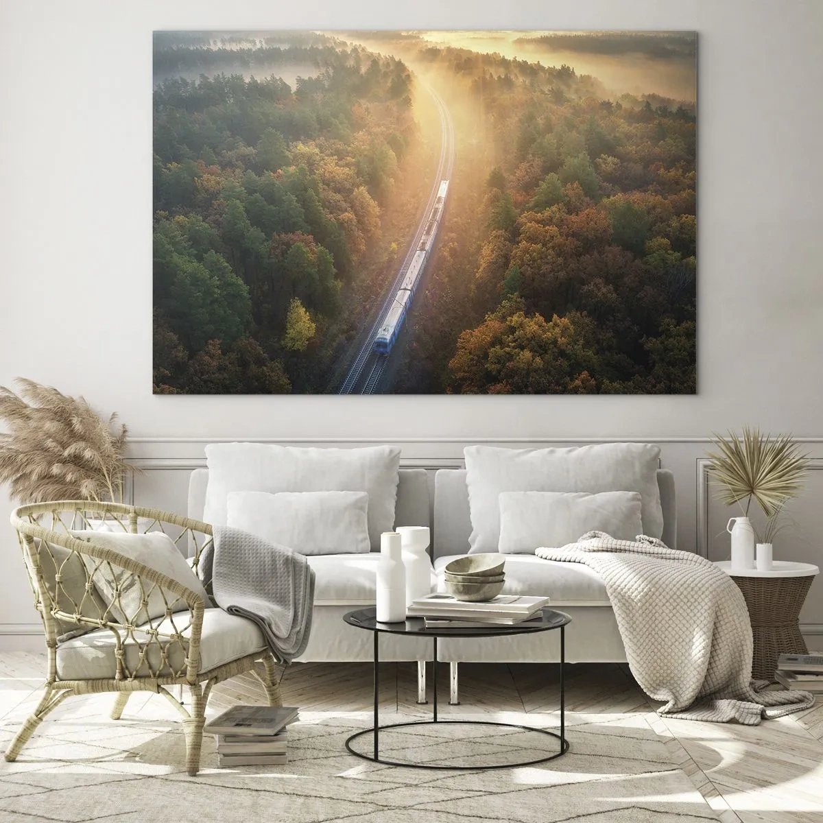 Üveg kép - Egy vonat festői őszi tájban, tele melegséggel és nosztalgiával - 70x50cm - Őszi utazás - Modern fali dekoráció nappalihoz és hálószobához ARTTOR