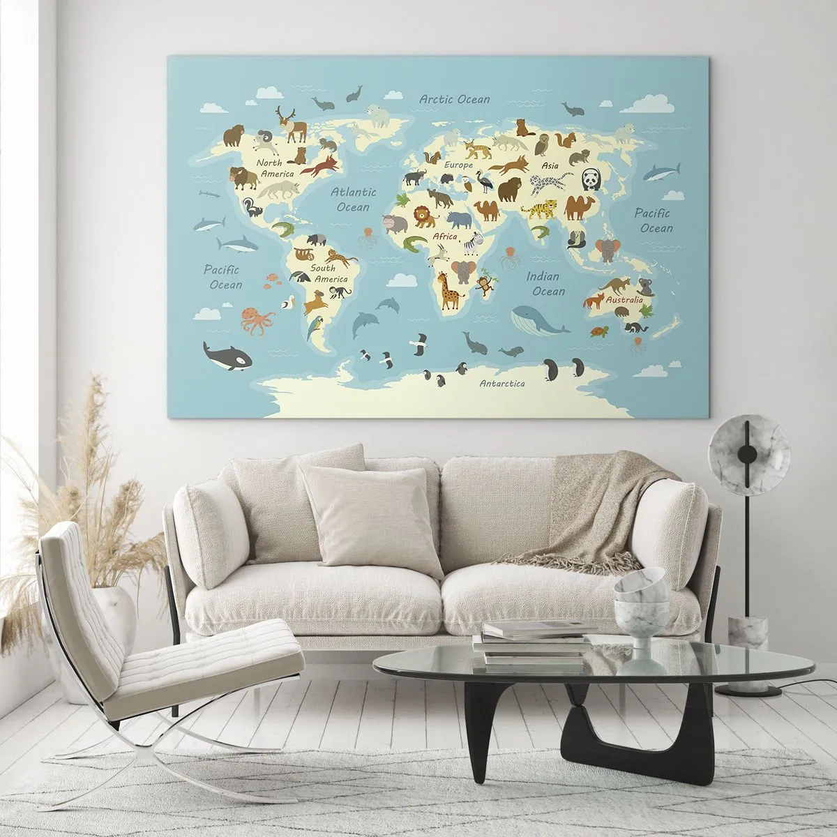 Üveg kép - Színes világtérkép, különböző kontinensekről származó állatok illusztrációival. - 70x50cm - Jó szomszédok - Modern fali dekoráció nappalihoz és hálószobához ARTTOR