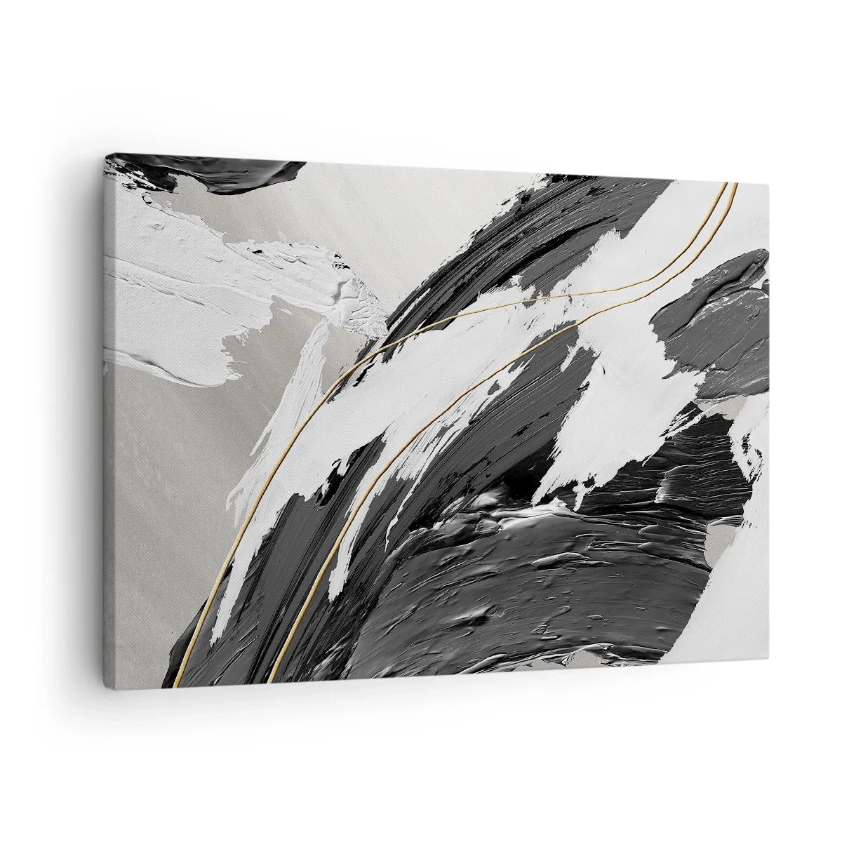 Vászonkép - Fekete-fehér festékecskék finom arany díszítéssel - 70x50cm - Absztrakció érzékkel - Modern fali dekoráció nappalihoz és hálószobához ARTTOR