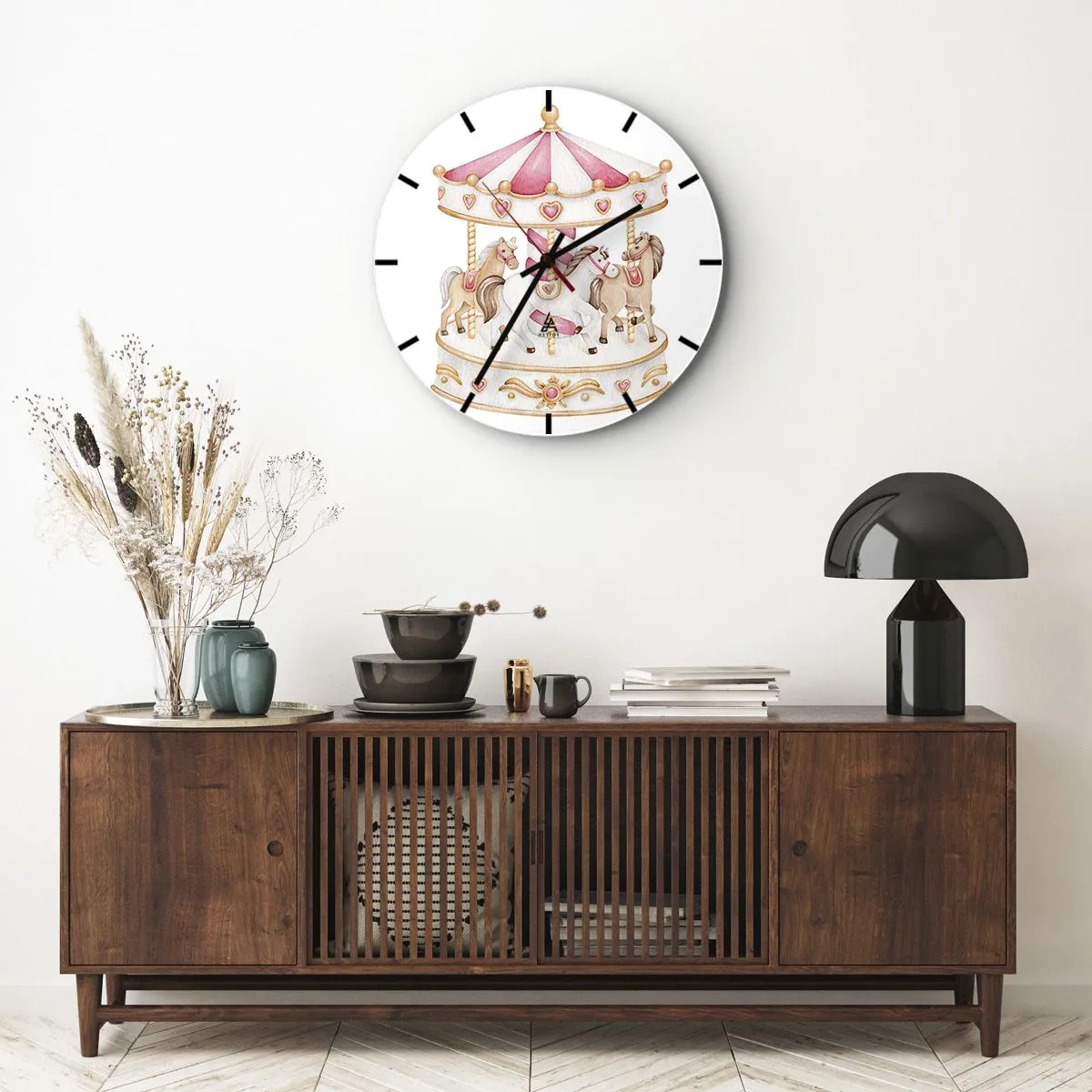 Falióra, Óra - Rózsaszín és krémszínű körhinta lovakkal fehér alapon - 30x30cm - A gyermekkor édes világa - Modern fali dekoráció nappalihoz, konyhához és hálószobához ARTTOR