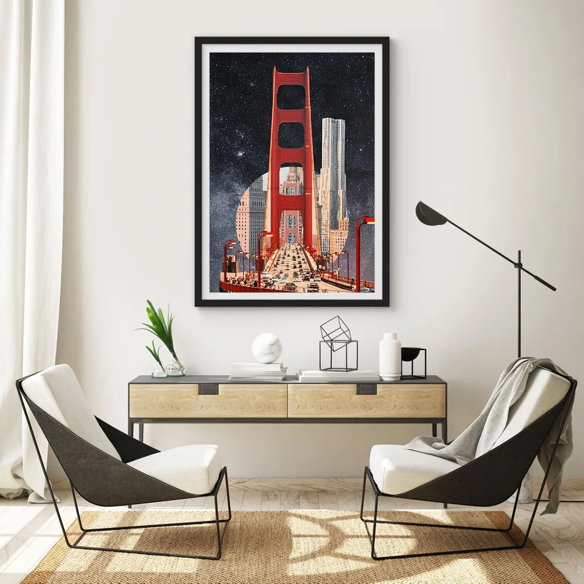 Poszter fehér keretben - Egy híd és felhőkarcolók a csillagos ég ellen - 50x70cm - Mindig a középpontban - Modern fali dekoráció nappalihoz és hálószobához ARTTOR