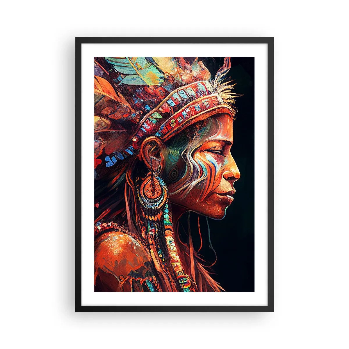Poszter fehér keretben - Portré egy nőről hagyományos tollas fejdísszel - 50x70cm - Egy varázslatos rituálé - Modern fali dekoráció nappalihoz és hálószobához ARTTOR