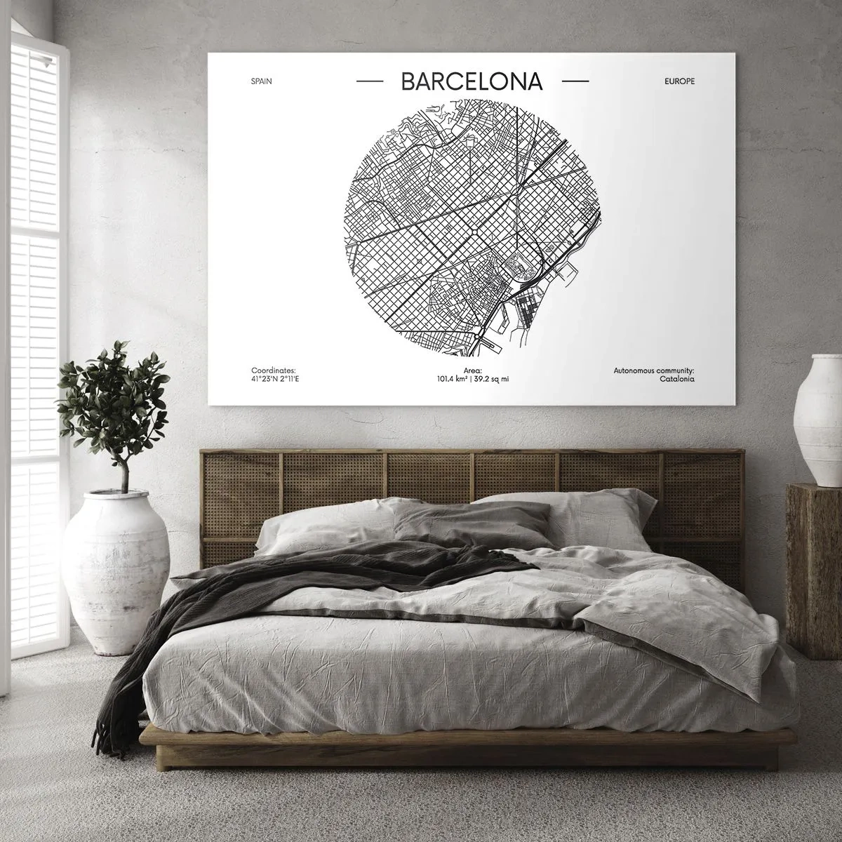 Üveg kép - Barcelona minimalista térképe fekete-fehér esztétikában - 70x50cm - Barcelona anatómiája - Modern fali dekoráció nappalihoz és hálószobához ARTTOR