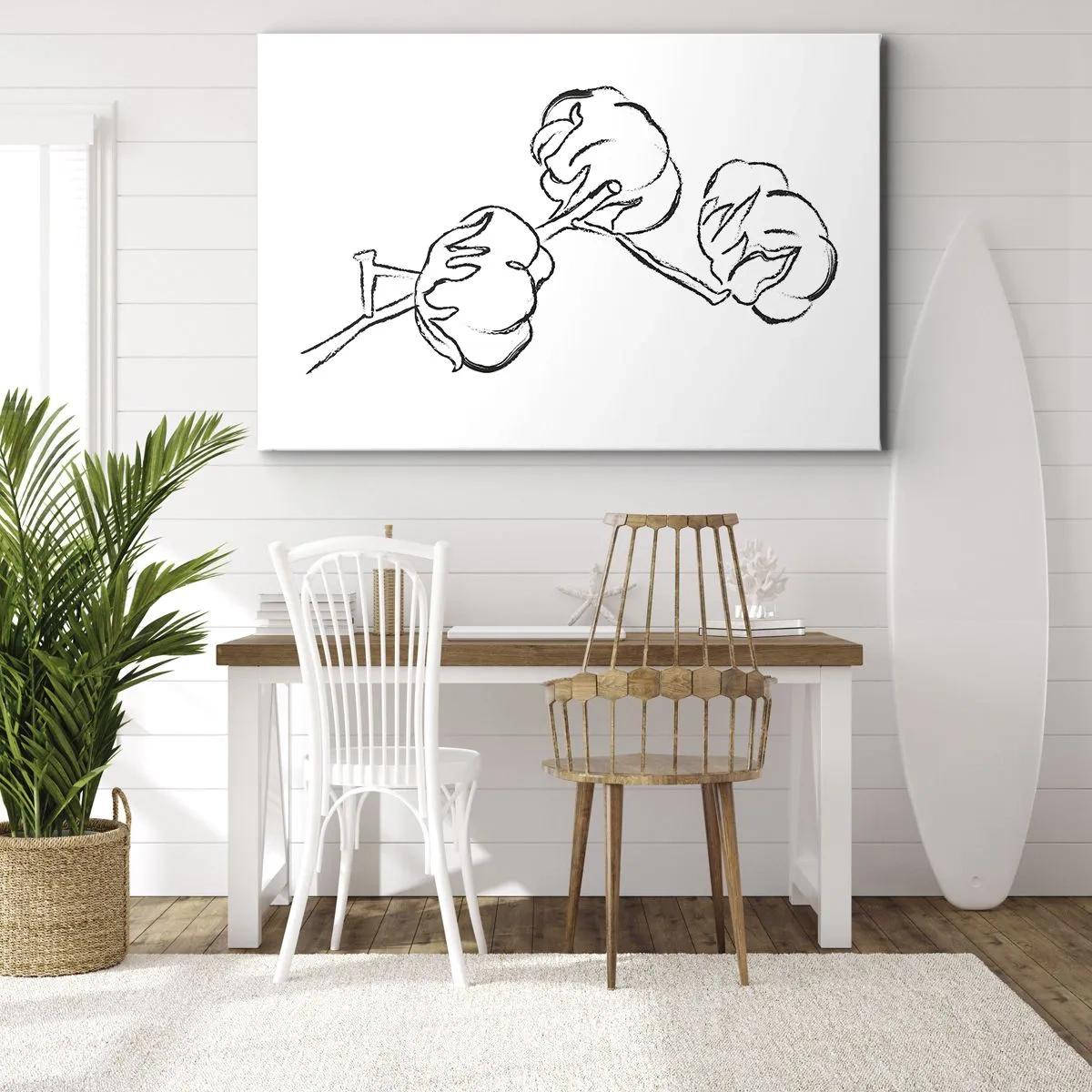 Vászonkép - Egy pamutág finom körvonala fehér alapon - 70x50cm - Pamut pehely - Modern fali dekoráció nappalihoz és hálószobához ARTTOR