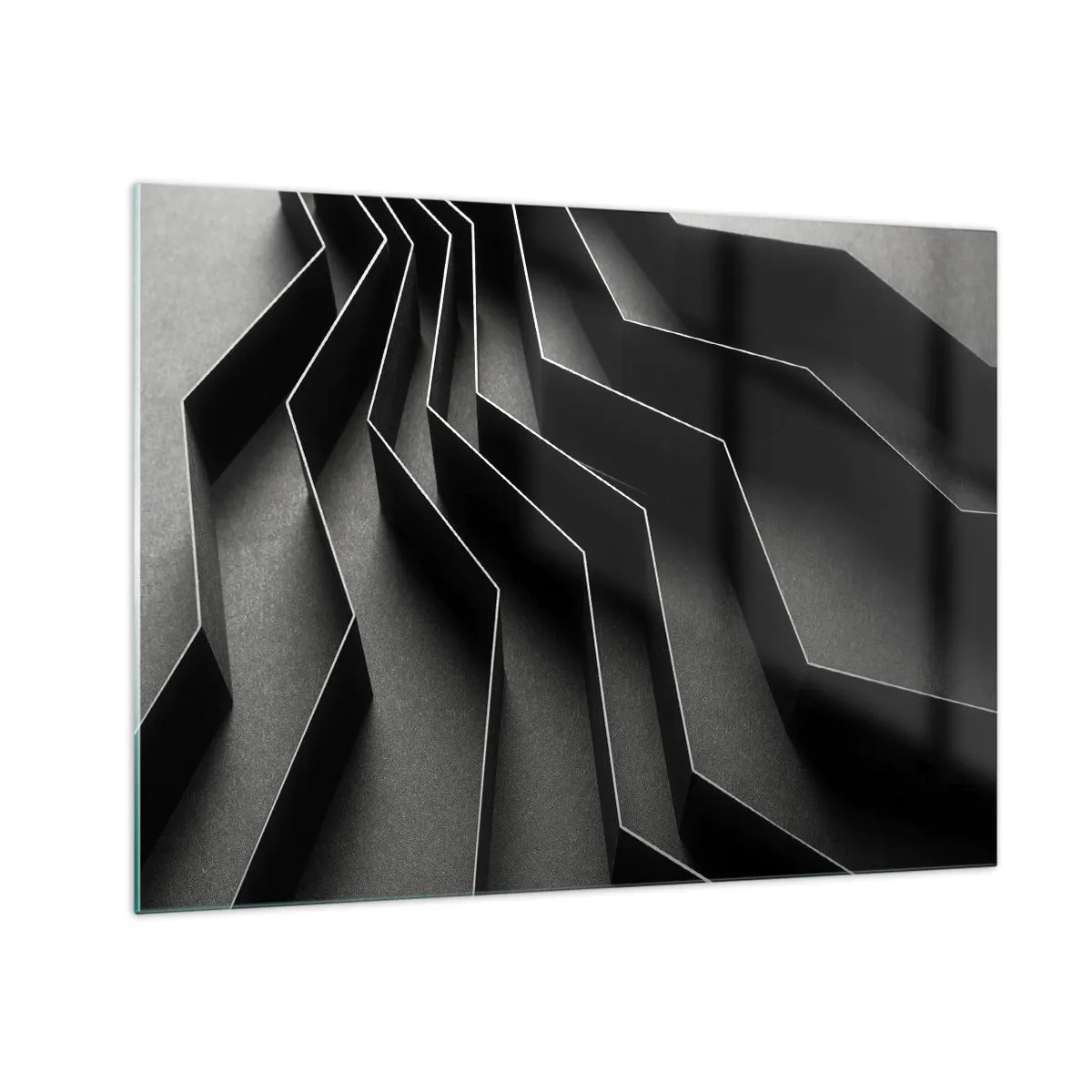 Üveg kép - Fekete geometrikus formák mélységgel és chiaroscuróval - 70x50cm - Térbeli rend - Modern fali dekoráció nappalihoz és hálószobához ARTTOR
