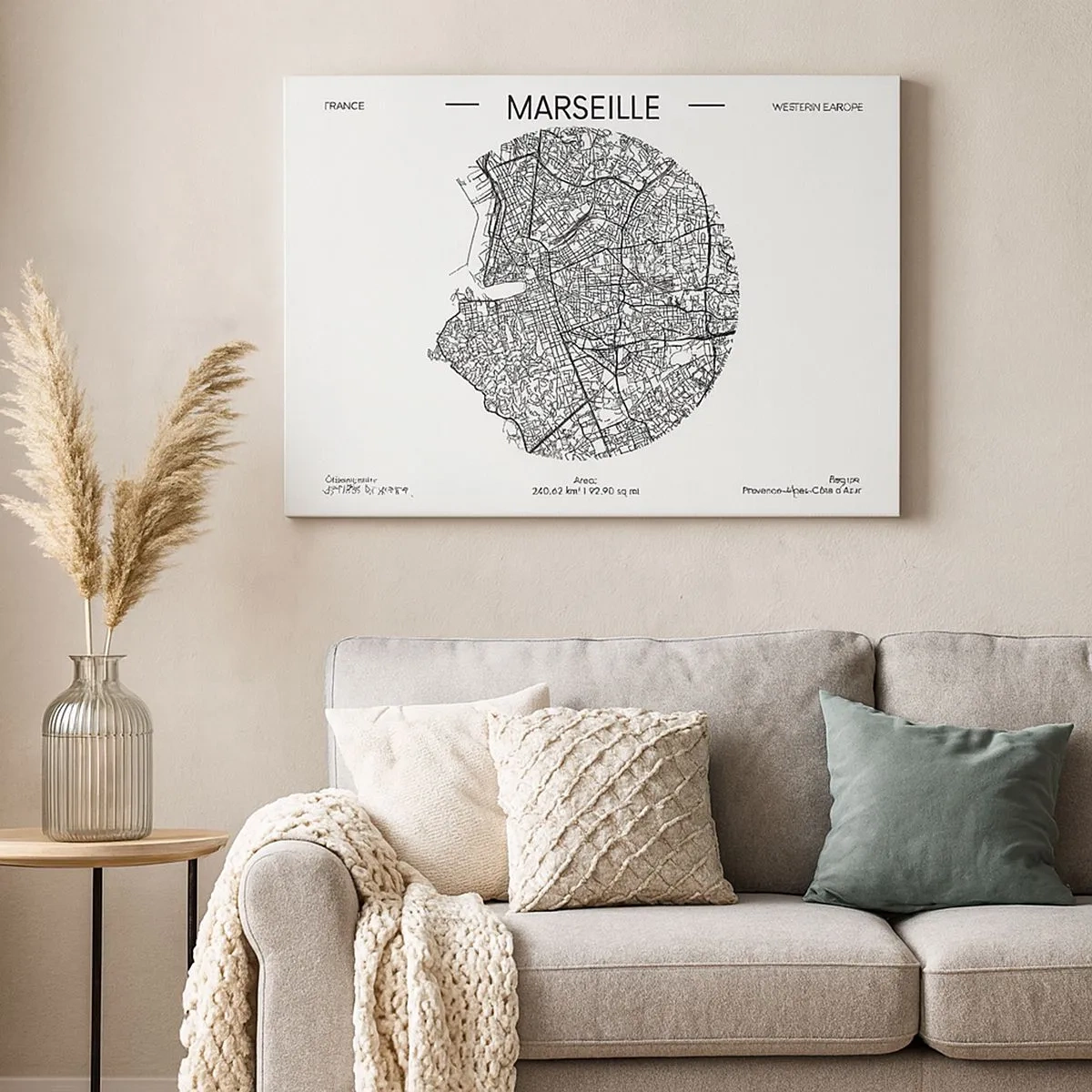 Vászonkép - Marseille térképe minimalista stílusban - 70x50cm - Marseille anatómiája - Modern fali dekoráció nappalihoz és hálószobához ARTTOR