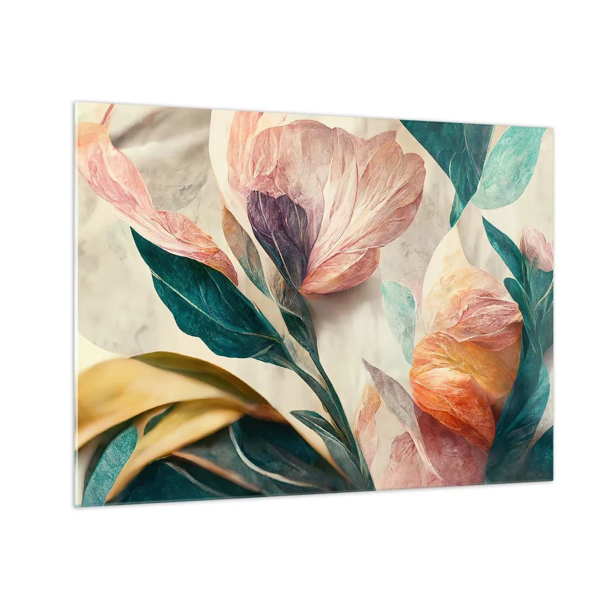 Üveg kép - Egzotikus virágok és levelek pasztell színekben, botanikai stílusban - 70x50cm - A déli szigetek virágai - Modern fali dekoráció nappalihoz és hálószobához ARTTOR