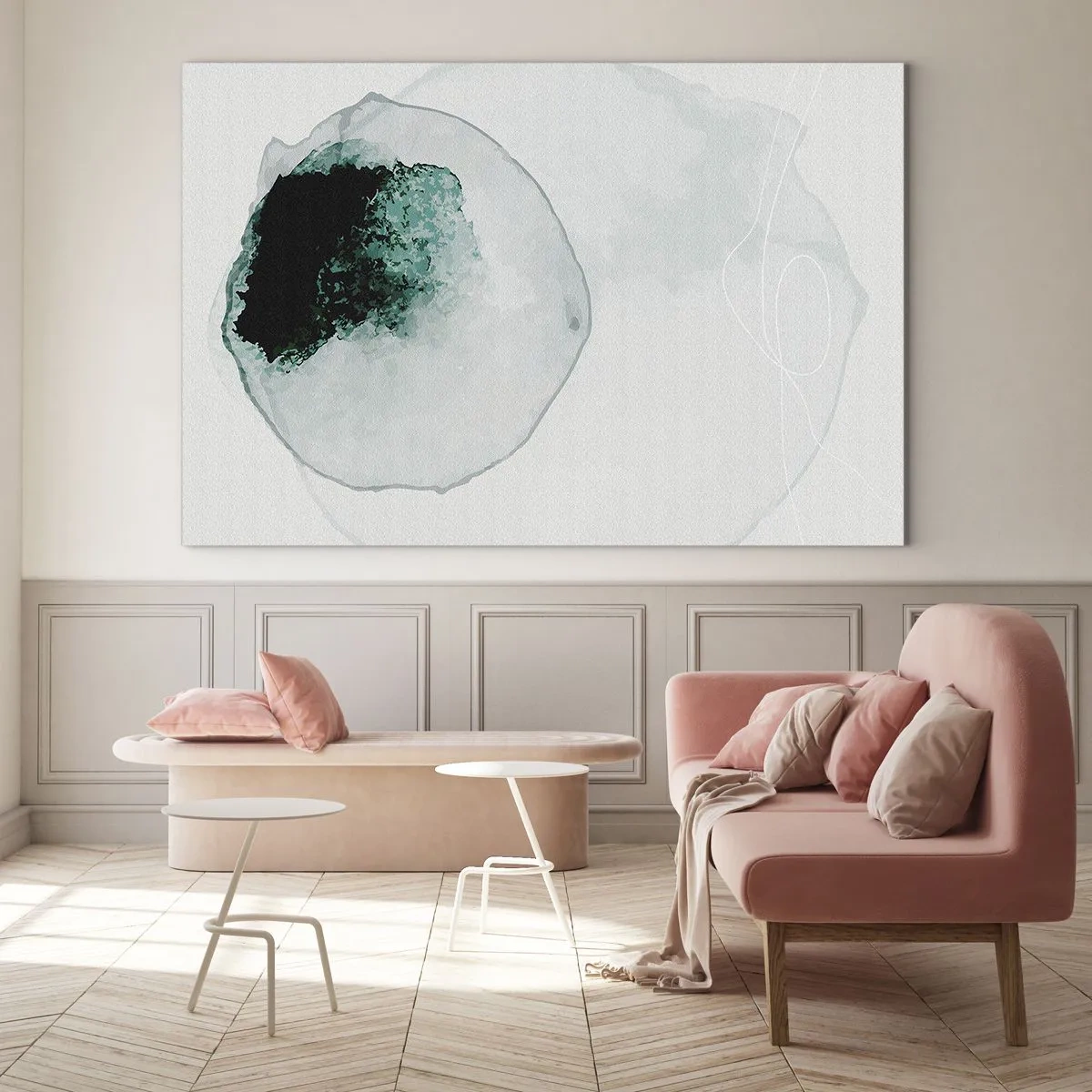 Üveg kép - Egy absztrakt forma, amely egy vízcseppre hasonlít zöld árnyalataiban. - 70x50cm - Egy vízcseppben - Modern fali dekoráció nappalihoz és hálószobához ARTTOR