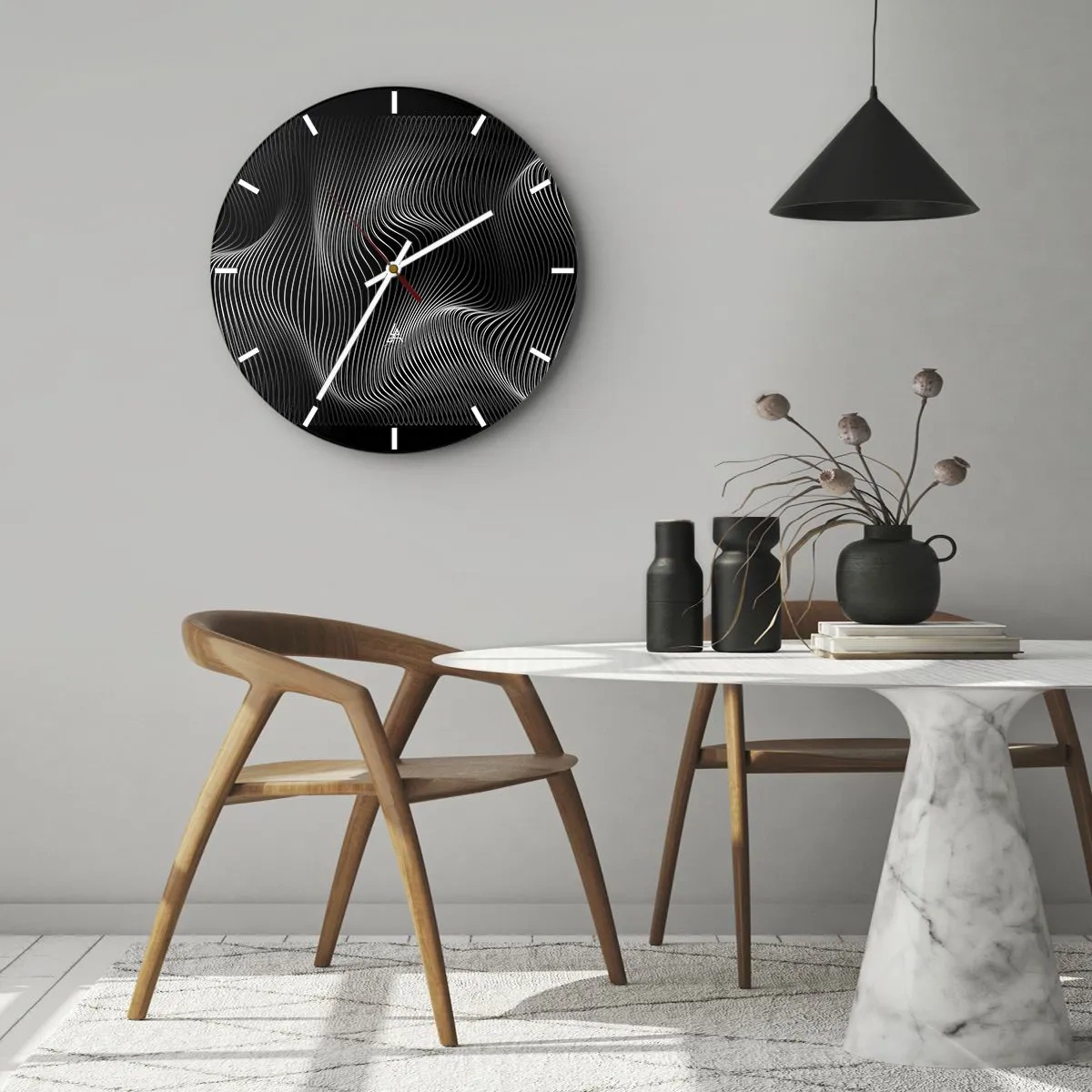 Falióra, Óra - Hipnotizáló fehér vonalak fekete alapon, optikai hullámot hozva létre. - 30x30cm - A fény tánca a térben - Modern fali dekoráció nappalihoz, konyhához és hálószobához ARTTOR