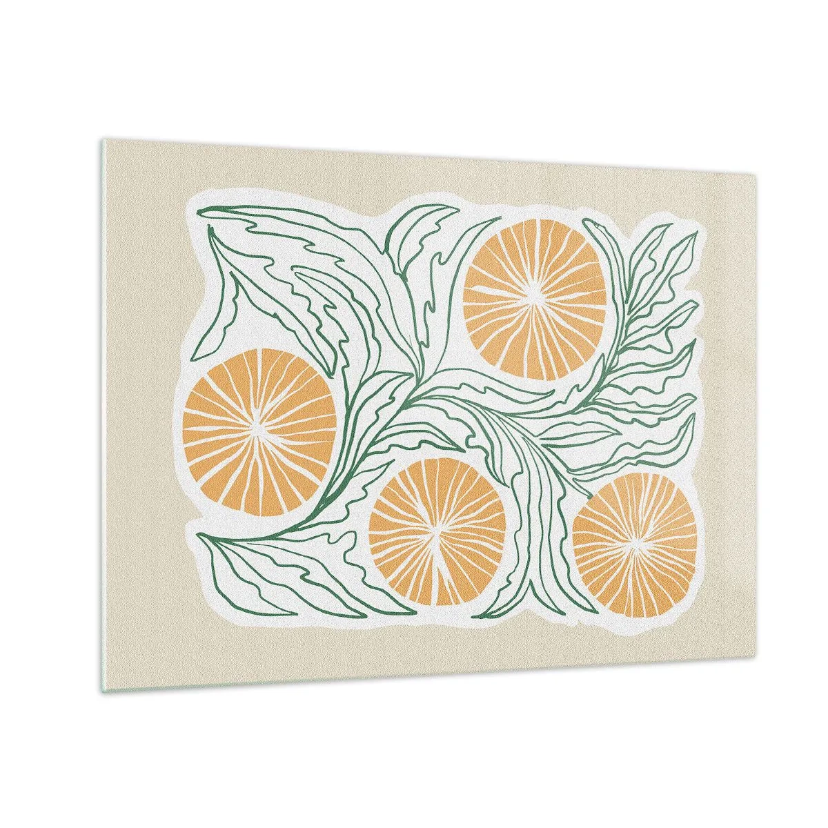 Üveg kép - Narancssárga gyümölcsök és zöld levelek grafikus kompozícióban - 70x50cm - Etnikus egy csipet absztrakcióval - Modern fali dekoráció nappalihoz és hálószobához ARTTOR