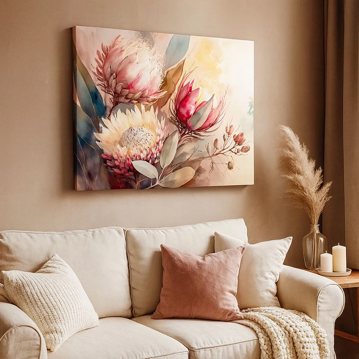 Vászonkép - Protea virágok finom pasztell árnyalatokban - 70x50cm - Profilból és en face - Modern fali dekoráció nappalihoz és hálószobához ARTTOR
