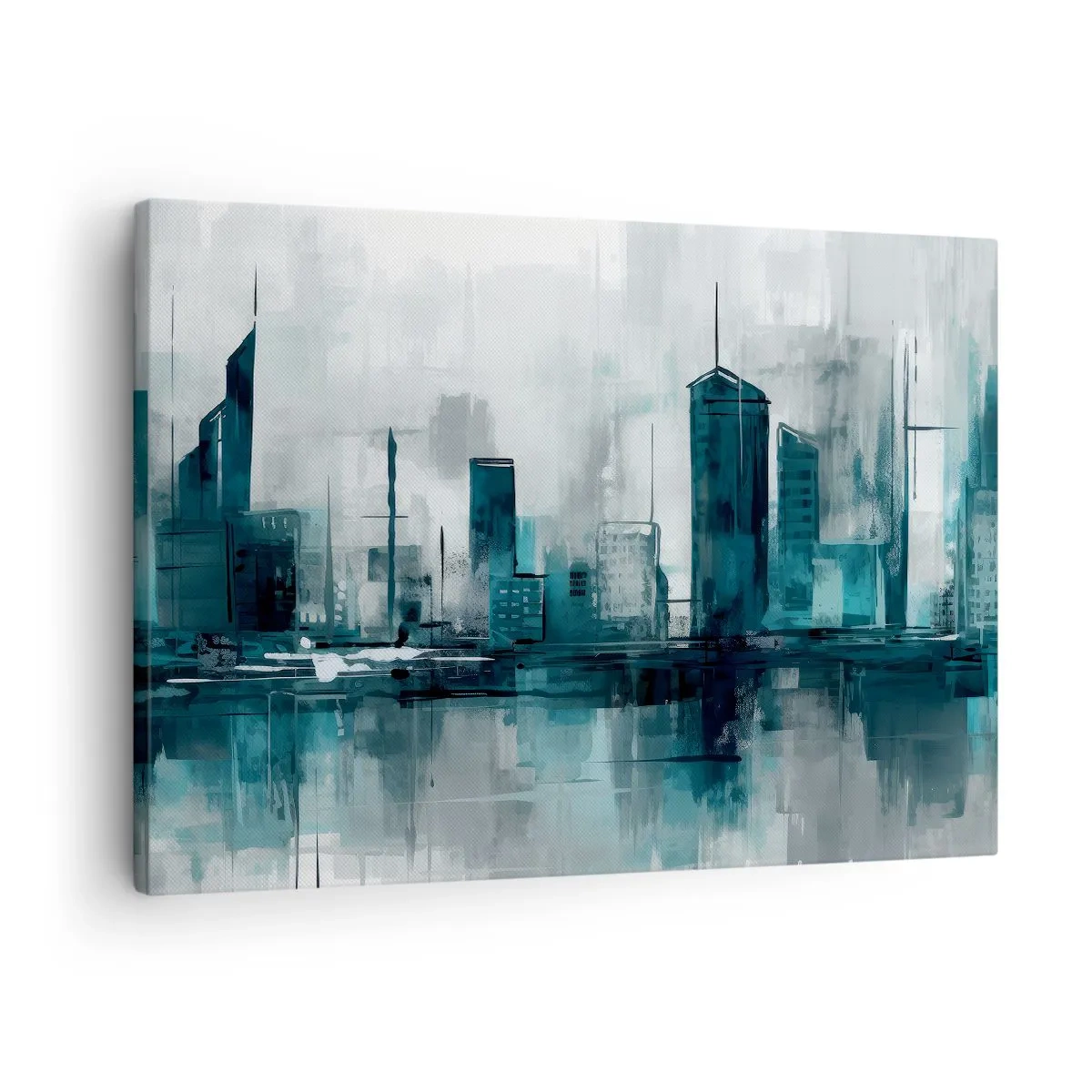Vászonkép - Egy modern város türkiz és szürke árnyalatokban - 70x50cm - Esőszínű város - Modern fali dekoráció nappalihoz és hálószobához ARTTOR