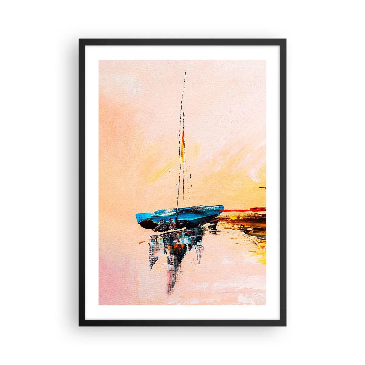 Poszter fehér keretben - Absztrakt hajó nyugodt vízen naplementekor - 50x70cm - Egy este a kikötőben - Modern fali dekoráció nappalihoz és hálószobához ARTTOR