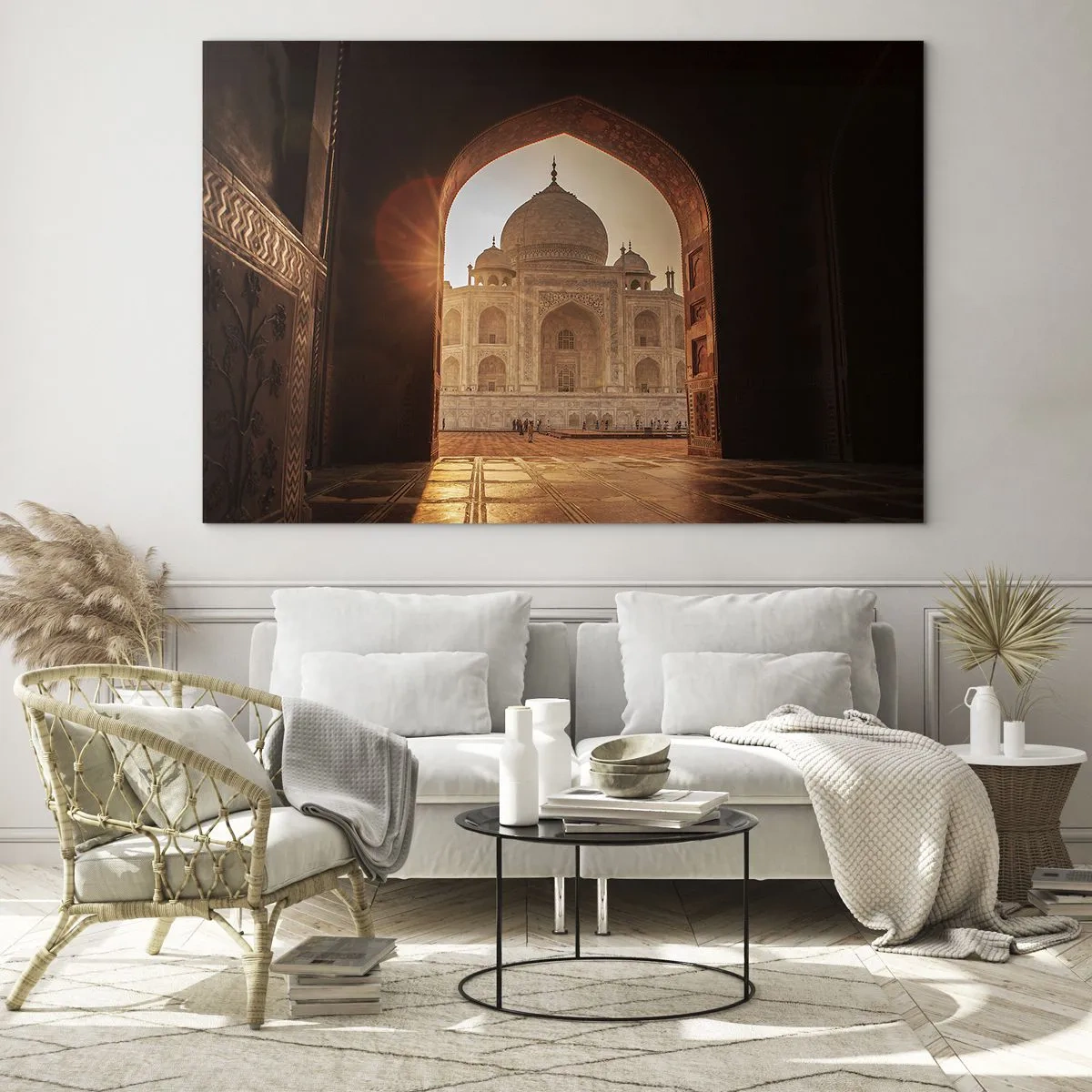Üveg kép - Naplemente egy monumentális épület felett, egy boltíven keresztül - 70x50cm - A földöntúli szerelem emlékműve - Modern fali dekoráció nappalihoz és hálószobához ARTTOR