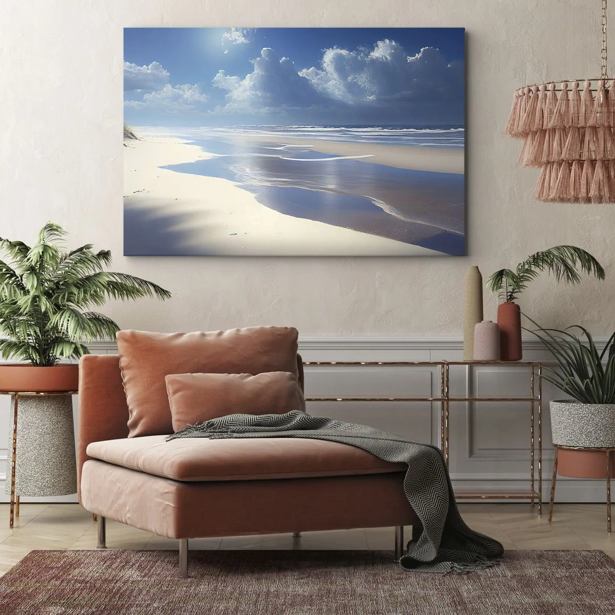 Vászonkép - Homokos tengerpart hullámokkal a kék ég alatt - 70x50cm - Nyaralás a paradicsomban - Modern fali dekoráció nappalihoz és hálószobához ARTTOR