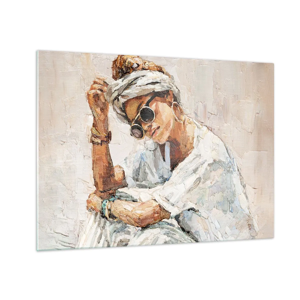 Üveg kép - Szemüveges, turbános nő portréja, palettakéssel festve - 70x50cm - Portré teljes napfényben - Modern fali dekoráció nappalihoz és hálószobához ARTTOR