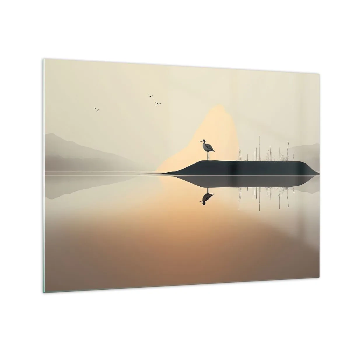 Üveg kép - Egy gém áll egy szigeten egy tó nyugodt vizében - 70x50cm - Ember a tavon - Modern fali dekoráció nappalihoz és hálószobához ARTTOR