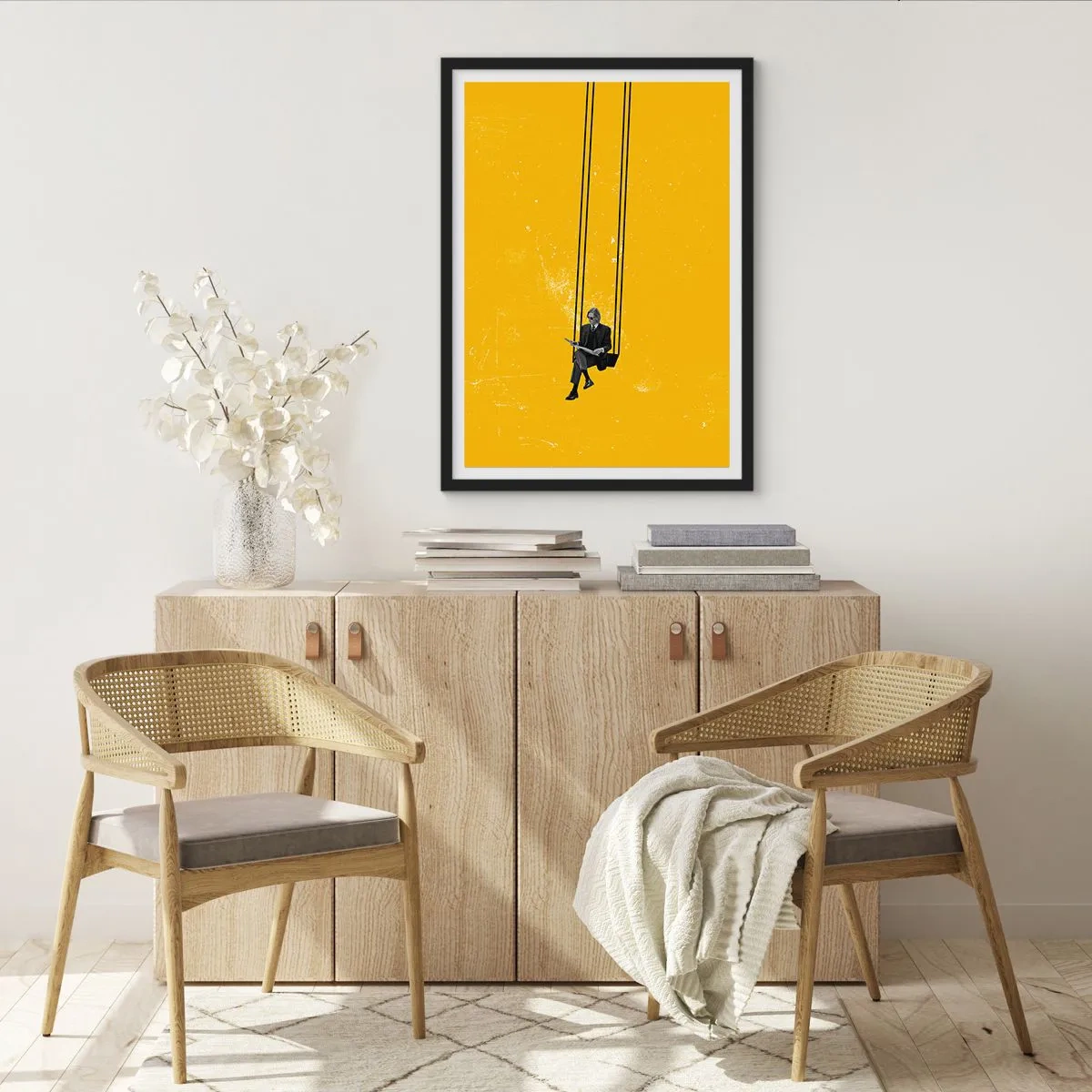 Poszter fehér keretben - Minimalista grafika egy hintán ülő karakterrel - 50x70cm - Egy nap, mint a többi - Modern fali dekoráció nappalihoz és hálószobához ARTTOR