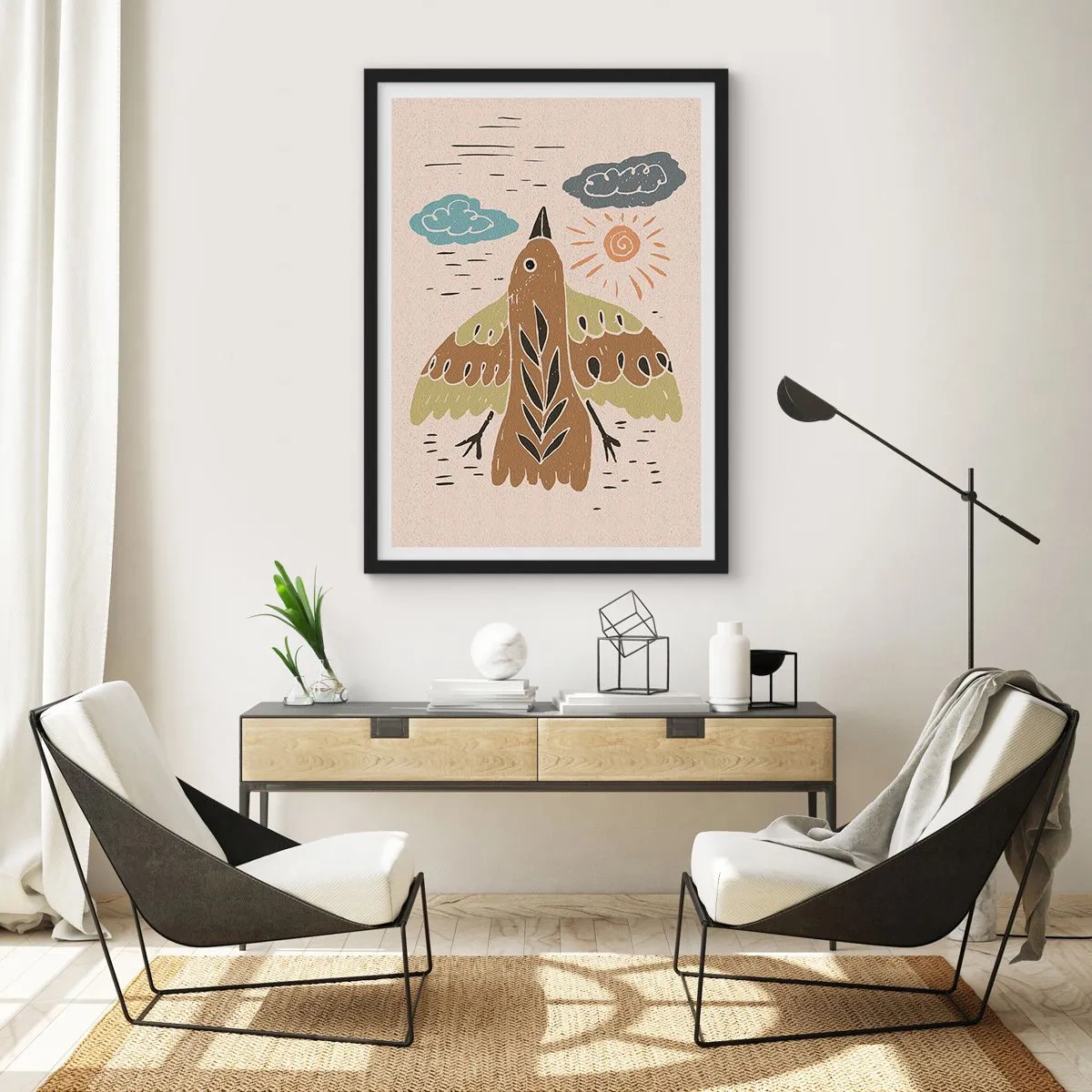 Poszter fehér keretben - Egy színes illusztráció egy repülés közbeni madárról, felhőkkel és a háttérben a nappal. - 50x70cm - Örömteli repülés - Modern fali dekoráció nappalihoz és hálószobához ARTTOR