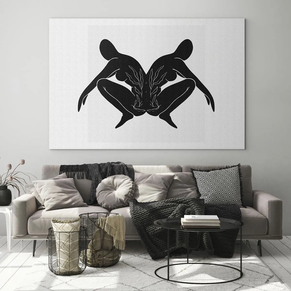 Üveg kép - Fekete alakok, amelyek szimmetrikus szívet alkotnak fehér alapon - 70x50cm - Egy közös lélek - Modern fali dekoráció nappalihoz és hálószobához ARTTOR