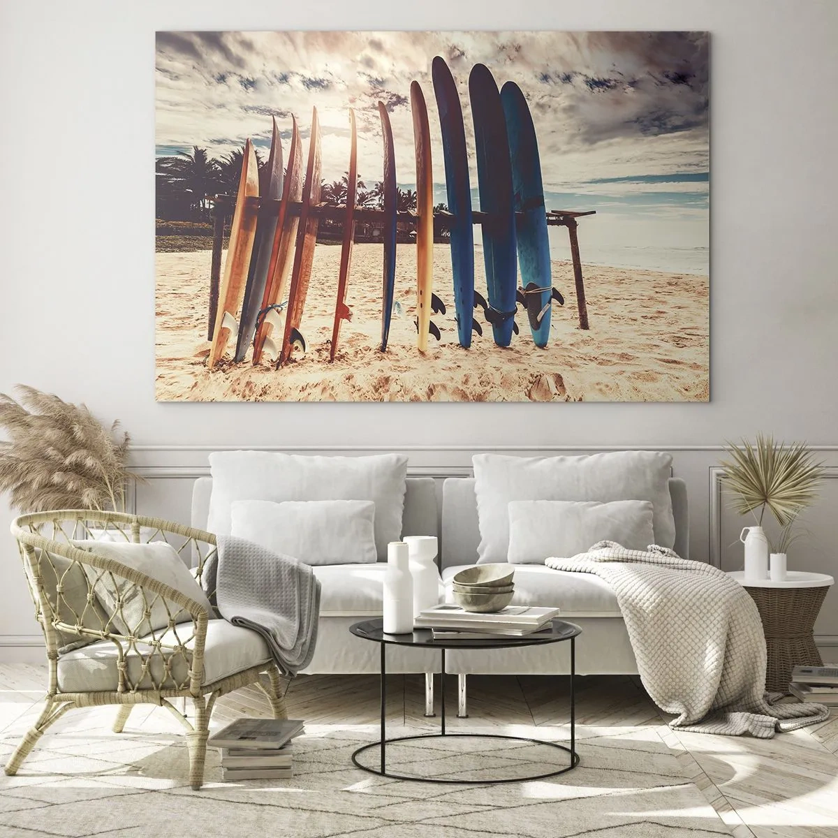 Üveg kép - Színes szörfdeszkák sorakoznak a tengerparton naplementekor - 70x50cm - Jó éjszakát, holnapig - Modern fali dekoráció nappalihoz és hálószobához ARTTOR