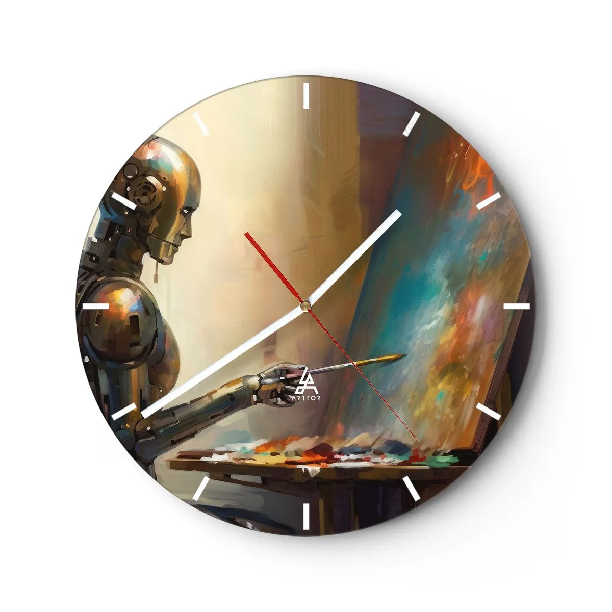 Falióra, Óra - Egy robot fest egy képet egy festőállványon - 30x30cm - A jövő művészete - Modern fali dekoráció nappalihoz, konyhához és hálószobához ARTTOR