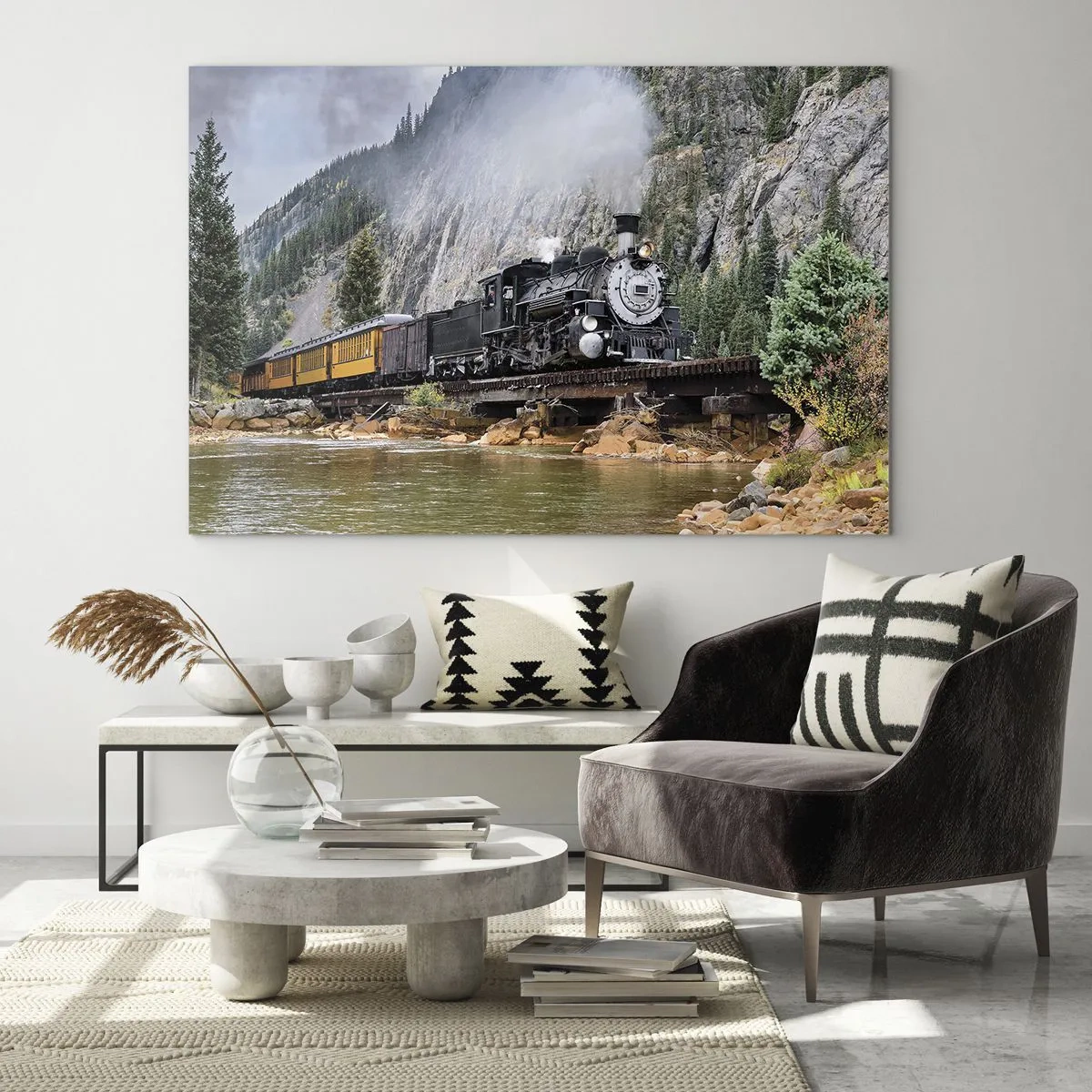 Üveg kép - Gőzmozdony egy hídon a hegyekben - 70x50cm - Hova? Hova? - Modern fali dekoráció nappalihoz és hálószobához ARTTOR