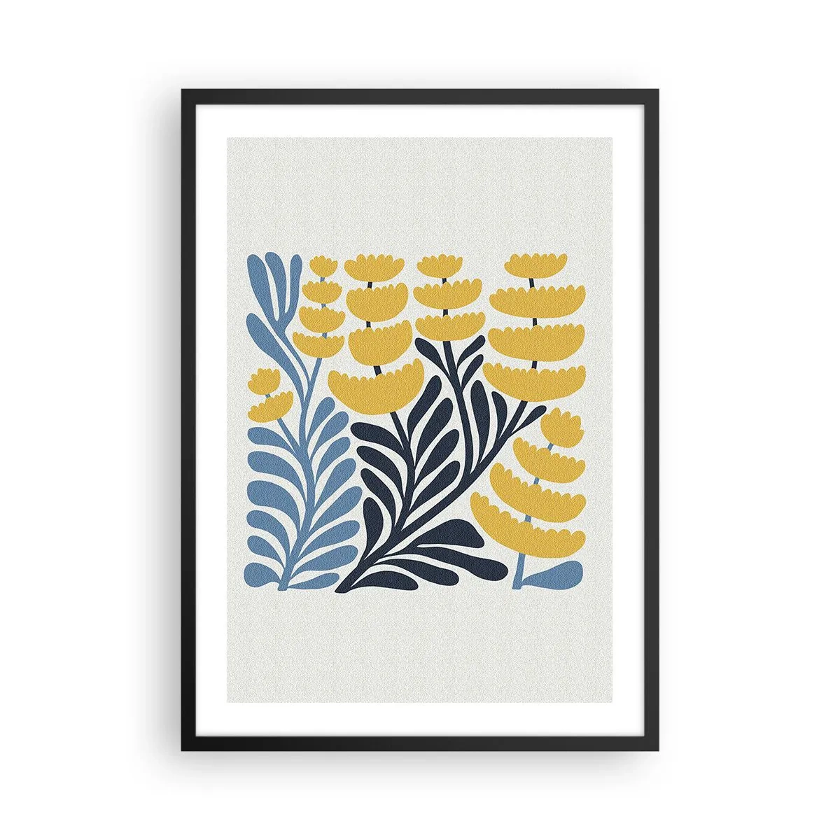 Poszter fehér keretben - Stilizált sárga és sötétkék virágok minimalista stílusban - 50x70cm - Napsütötte virágágyás - Modern fali dekoráció nappalihoz és hálószobához ARTTOR
