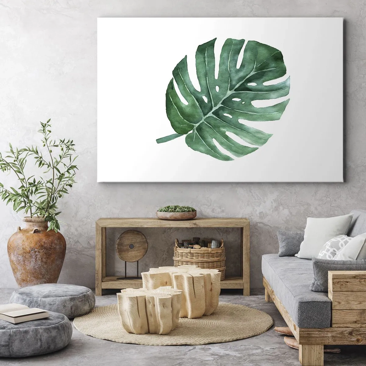 Vászonkép - Zöld monstera levél minimalista stílusban - 70x50cm - Zöld koncepció - Modern fali dekoráció nappalihoz és hálószobához ARTTOR