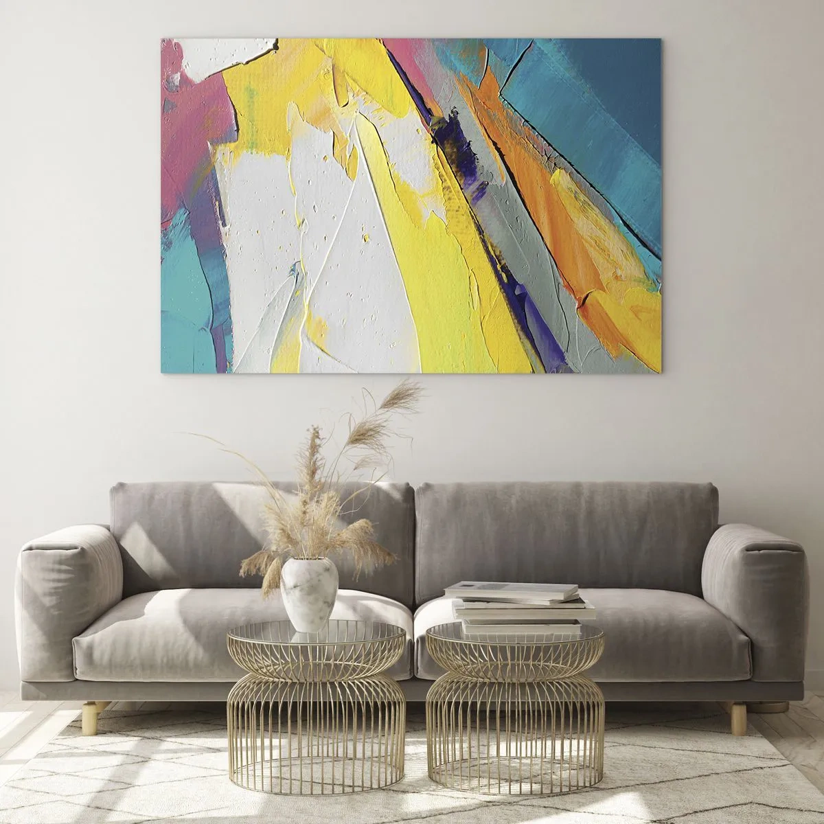 Üveg kép - Absztrakt ecsetvonások sárga, kék és fehér színben - 70x50cm - A fény anatómiája - Modern fali dekoráció nappalihoz és hálószobához ARTTOR