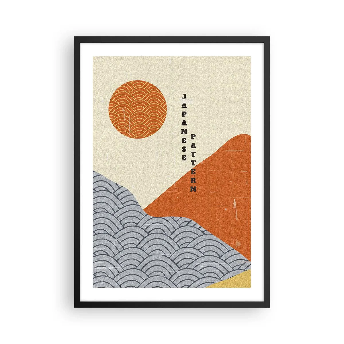 Poszter fehér keretben - Minimalista japán minta hullámokkal és nappal - 50x70cm - A japán szellemben - Modern fali dekoráció nappalihoz és hálószobához ARTTOR