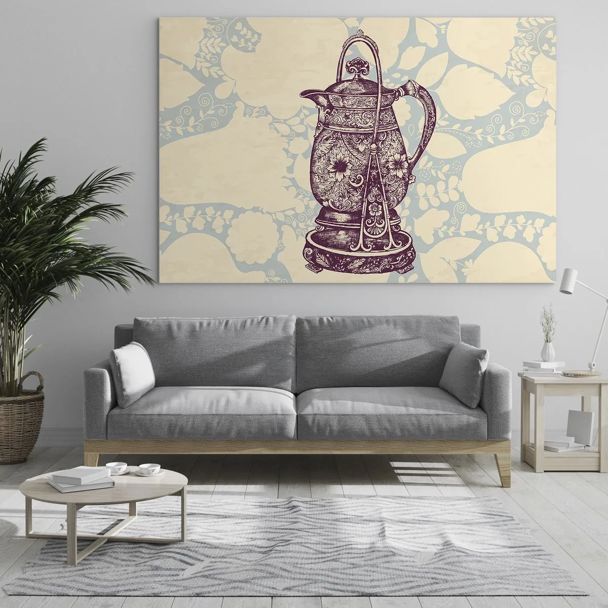 Üveg kép - Egy díszített vintage kancsó világos háttéren, díszekkel - 70x50cm - A mindennapi élet szépsége - Modern fali dekoráció nappalihoz és hálószobához ARTTOR