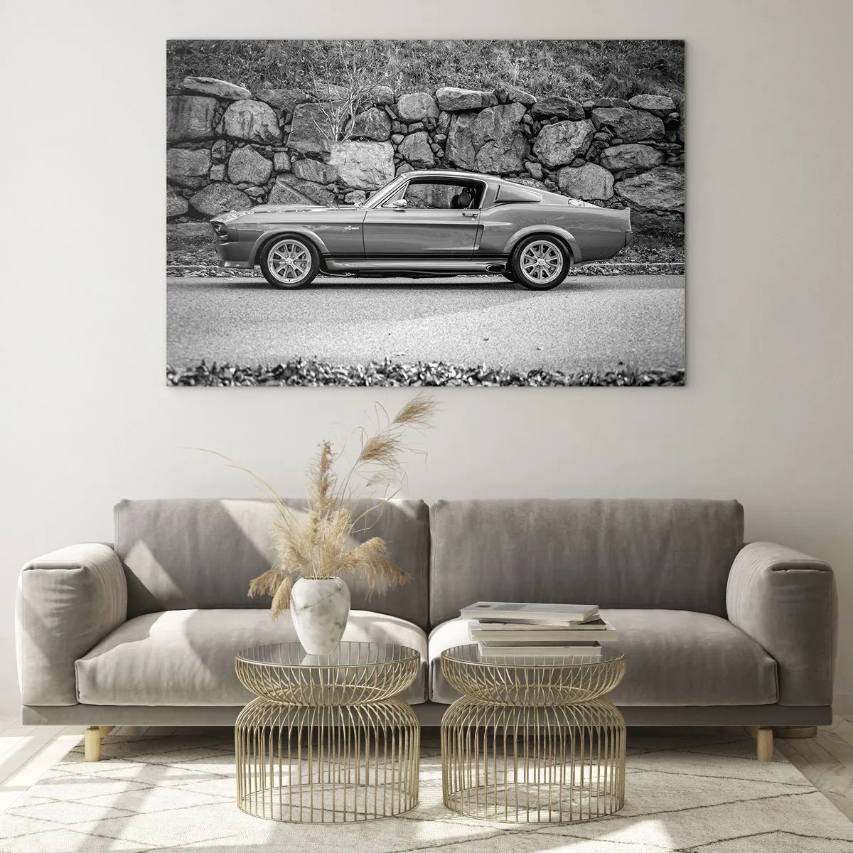 Üveg kép - Egy klasszikus autó egy kőfalnak dőlve - 70x50cm - A 60-as évek legendája - Modern fali dekoráció nappalihoz és hálószobához ARTTOR