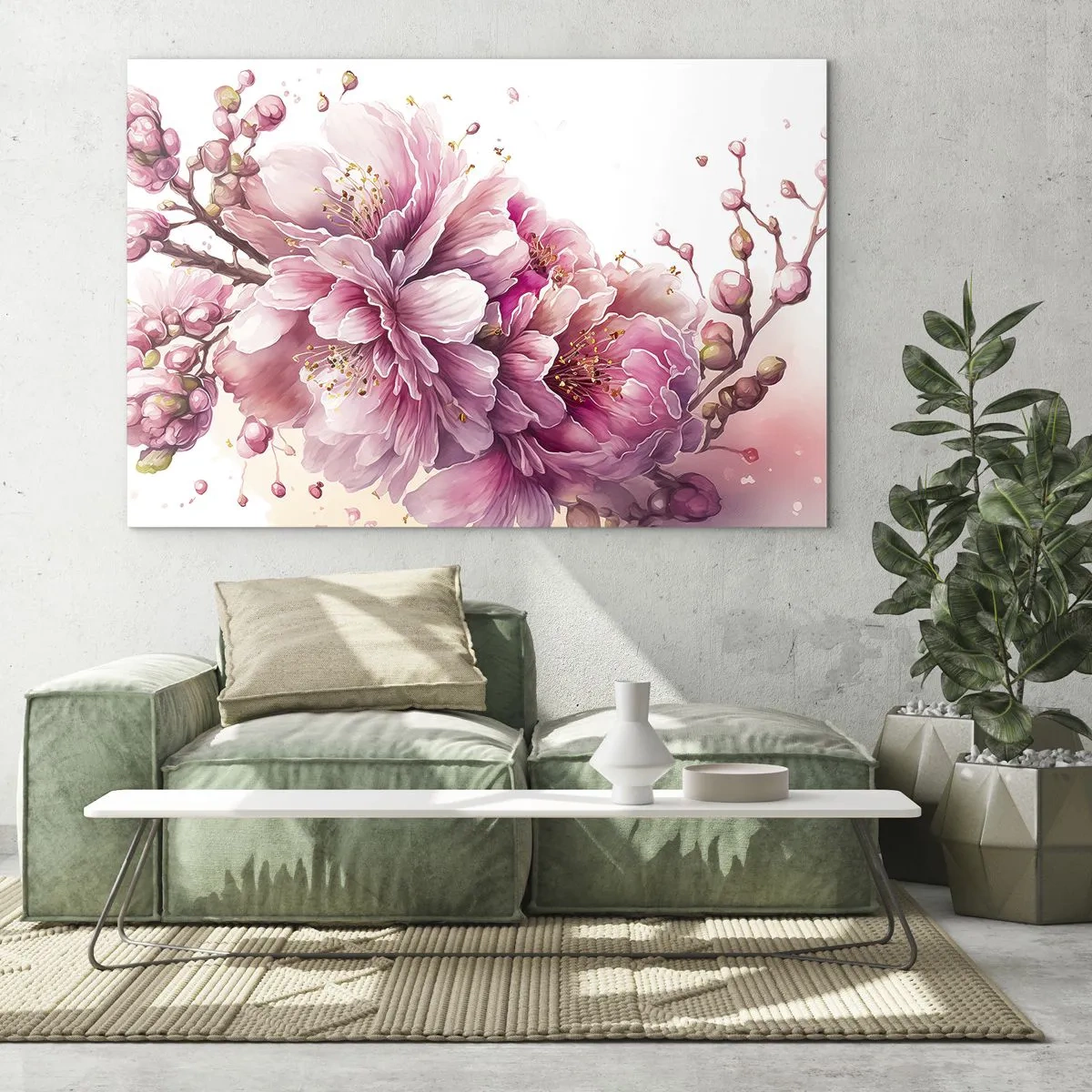 Üveg kép - Rózsaszín cseresznyevirágzás teljes virágzásban, világos háttér előtt - 70x50cm - Cseresznyevirág - Modern fali dekoráció nappalihoz és hálószobához ARTTOR