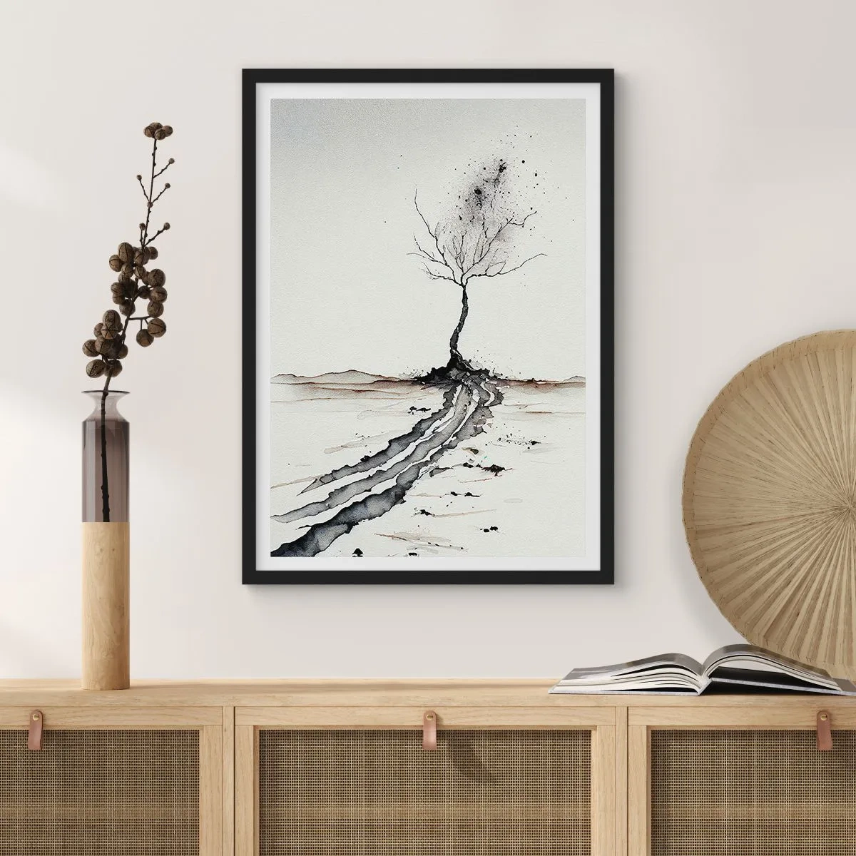 Poszter fehér keretben - Minimalista fa absztrakt gyökerekkel - 50x70cm - Téli melankólia - Modern fali dekoráció nappalihoz és hálószobához ARTTOR