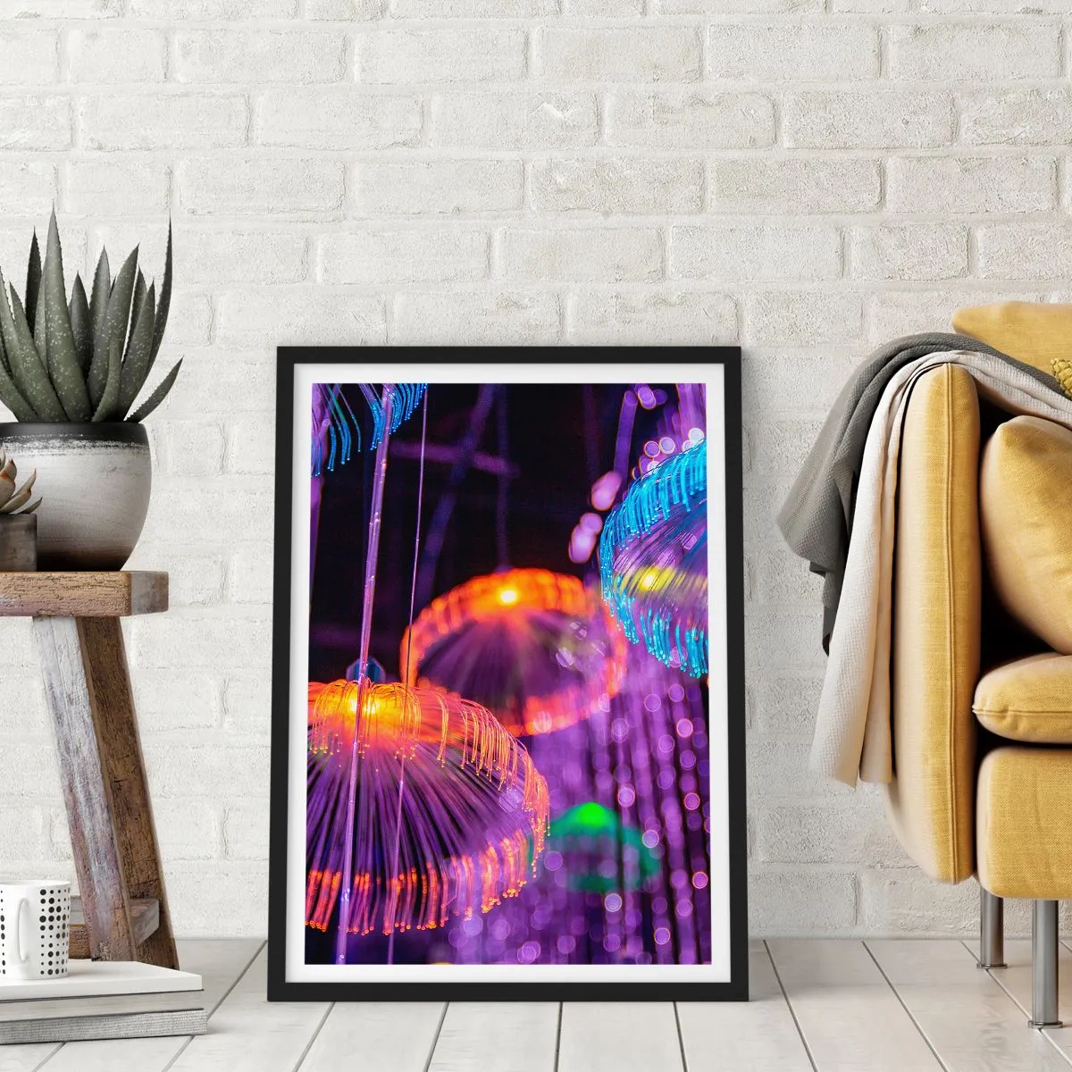 Poszter fehér keretben - Színes, futurisztikus medúza neonfényben - 50x70cm - Világító szökőkút - Modern fali dekoráció nappalihoz és hálószobához ARTTOR