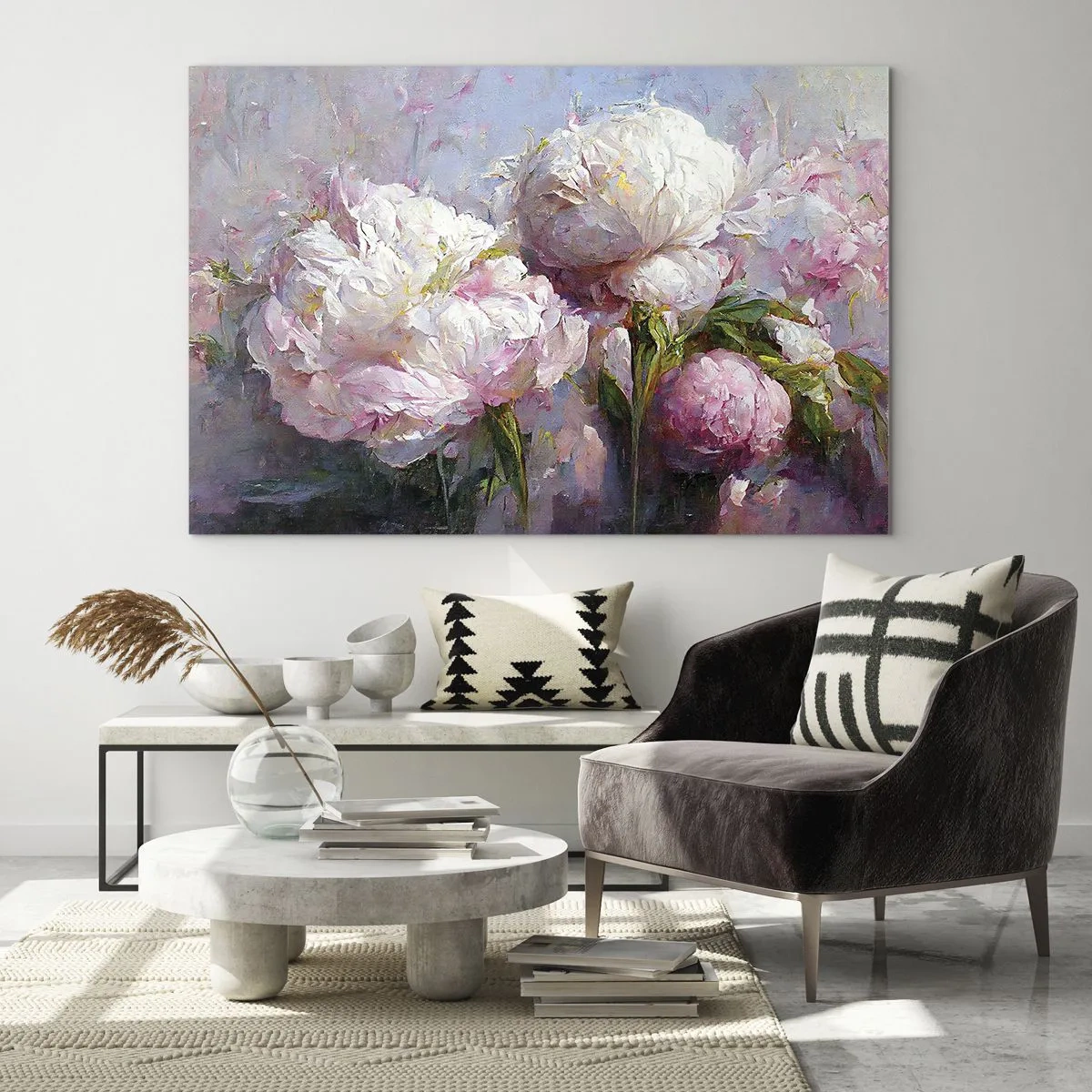 Üveg kép - Virágzó fehér és rózsaszín pünkösdi rózsák olajfestménye - 70x50cm - Egy csokor, mely csordultig van élettel - Modern fali dekoráció nappalihoz és hálószobához ARTTOR