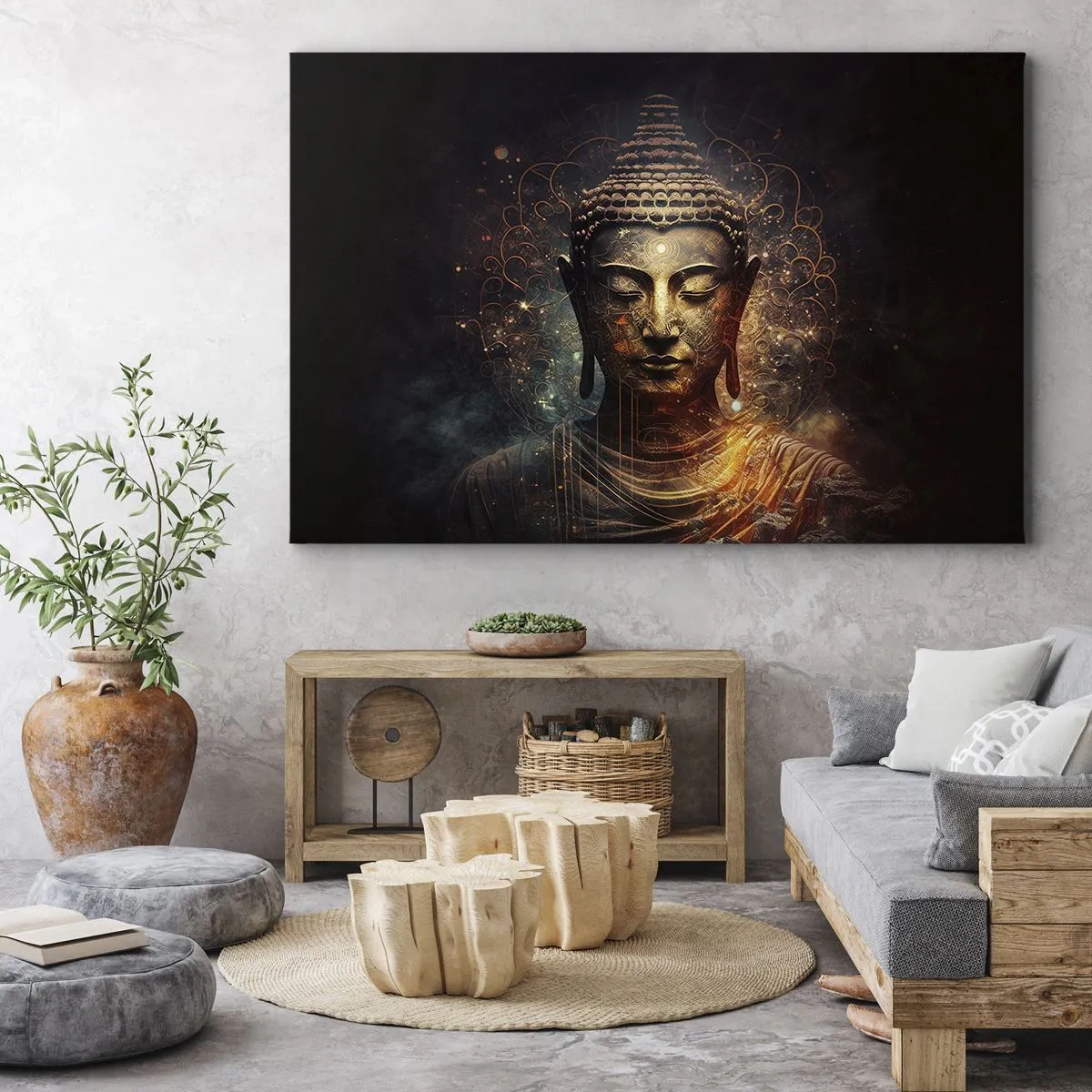 Vászonkép - Arany Buddha sötét háttér előtt, díszekkel - 70x50cm - Spirituális egyensúly - Modern fali dekoráció nappalihoz és hálószobához ARTTOR