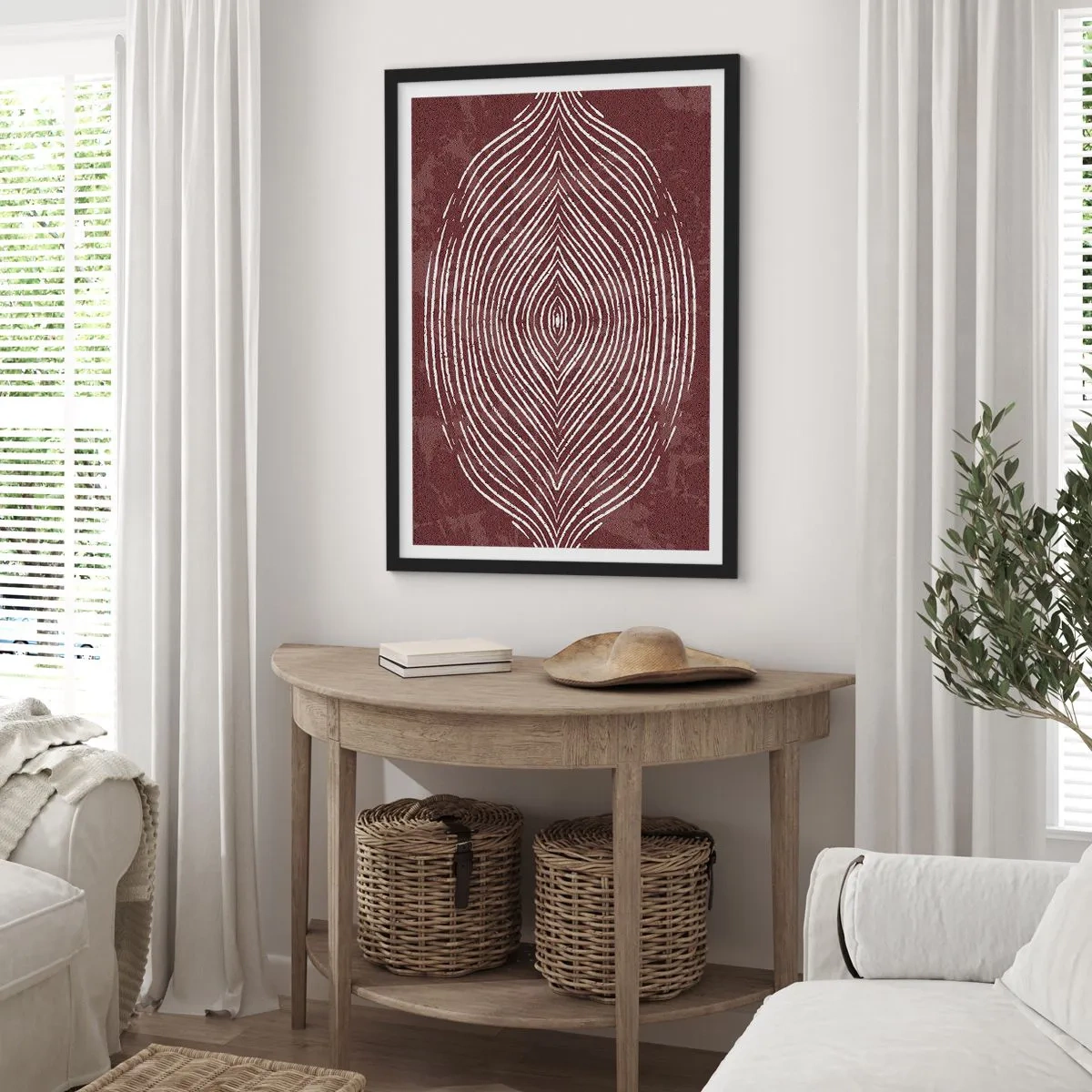 Poszter fehér keretben - Fehér vonalak hipnotikus mintázata barna alapon. - 50x70cm - A tér beszél - Modern fali dekoráció nappalihoz és hálószobához ARTTOR